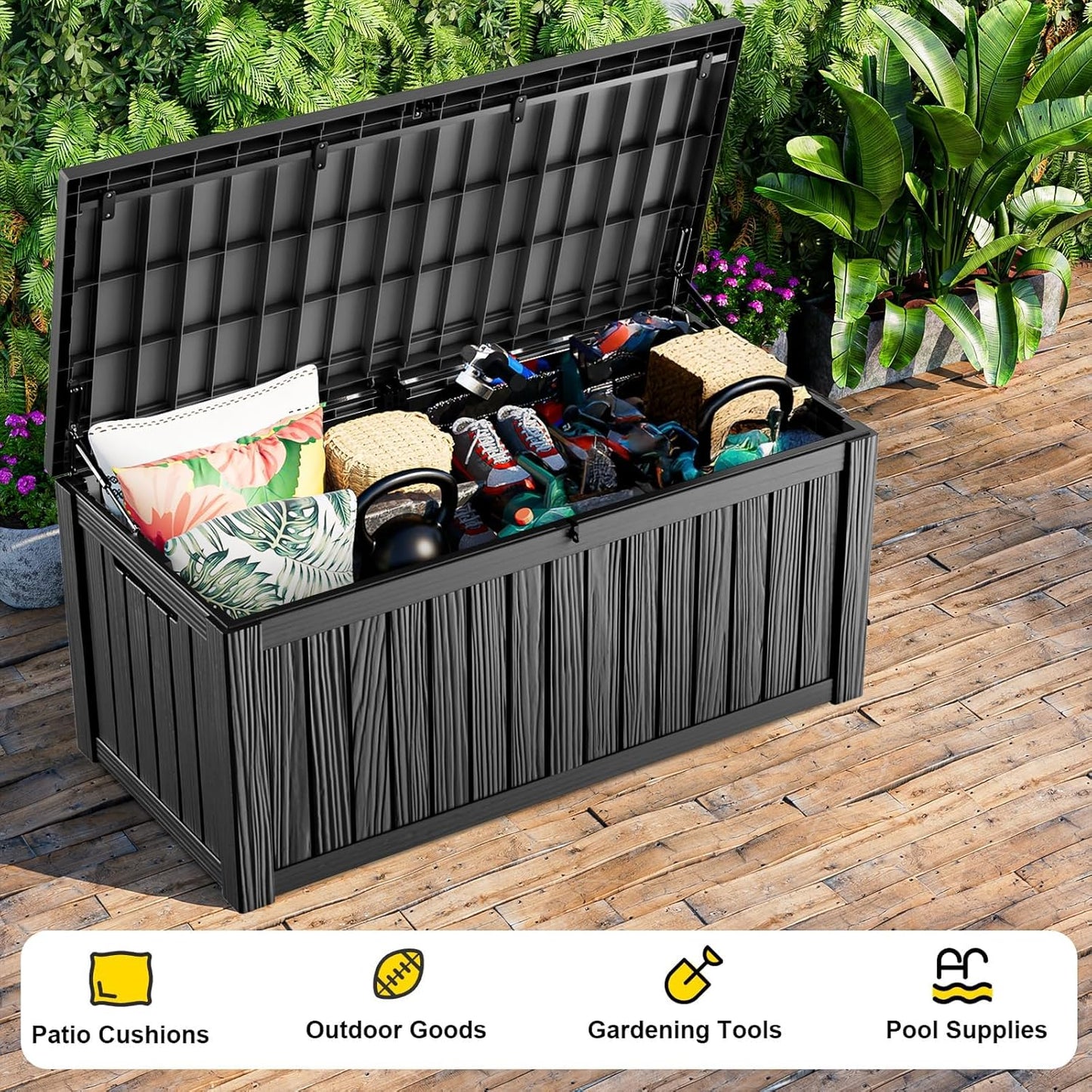 150 Gallon Large Outdoor Storage Box Waterproof, UV Resistant Resin Deck Box with Hydraulic Rod & Lockable Latch for Patio Furniture, Outside Storage Box for Garden Tools, Patio Cushions, Black