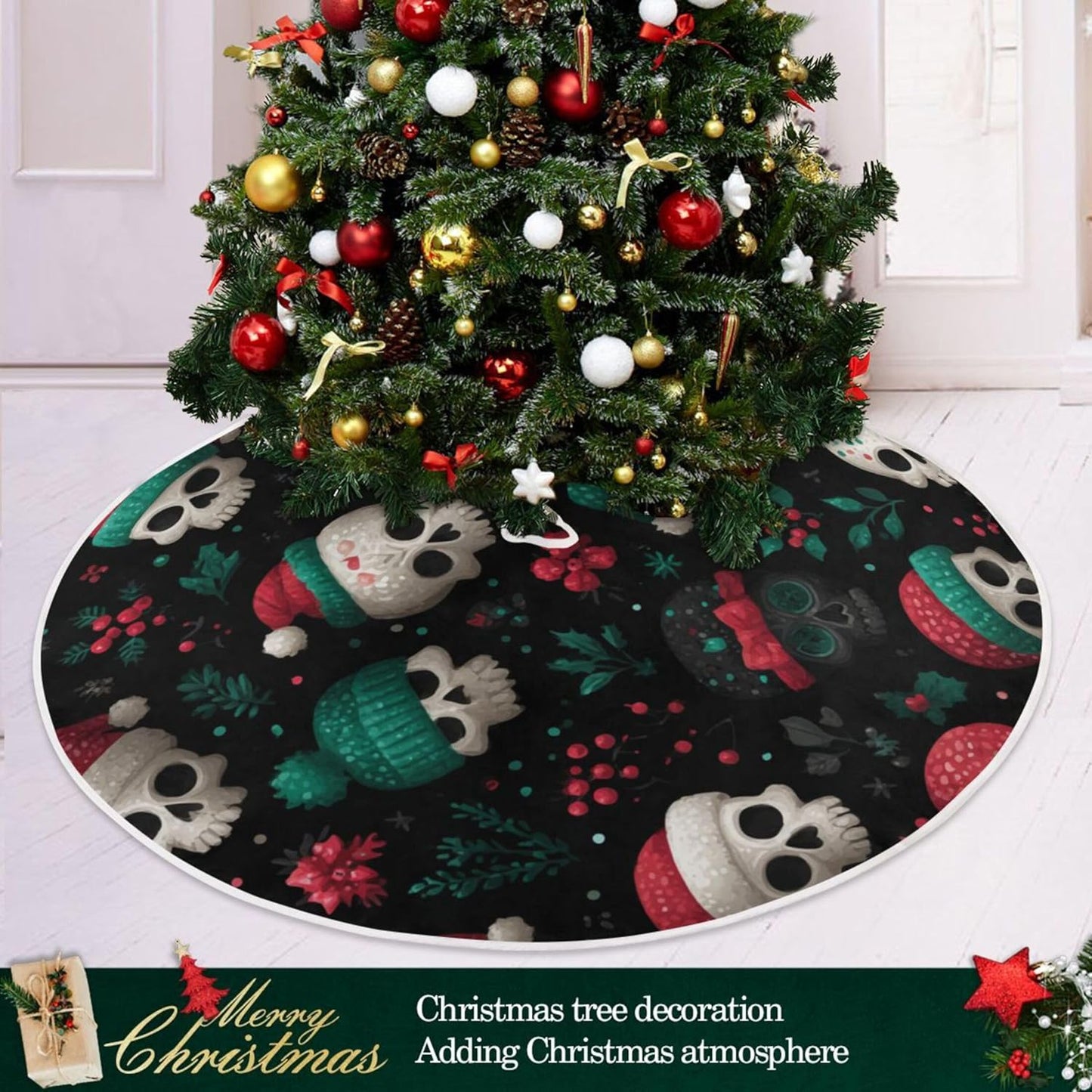 Skulls Christmas Tree Skirt Seasonal Tree Mat Holiday Party Supplies Ornaments Indoor Outdoor Decorations for Tabletop Trees 35.4 Inches