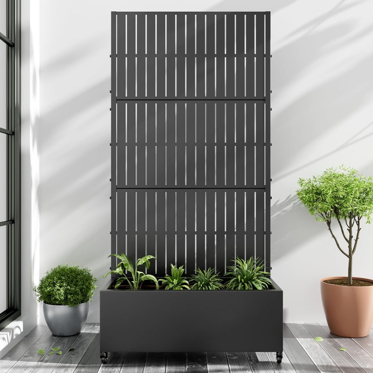Casaphoria Metal Raised Garden Bed with Trellis and Wheels, 72"x35"x16" Planter Box for Climbing Plants, Vegetables & Vines, Features Drainage Holes and Privacy Screen (Black-Fence)