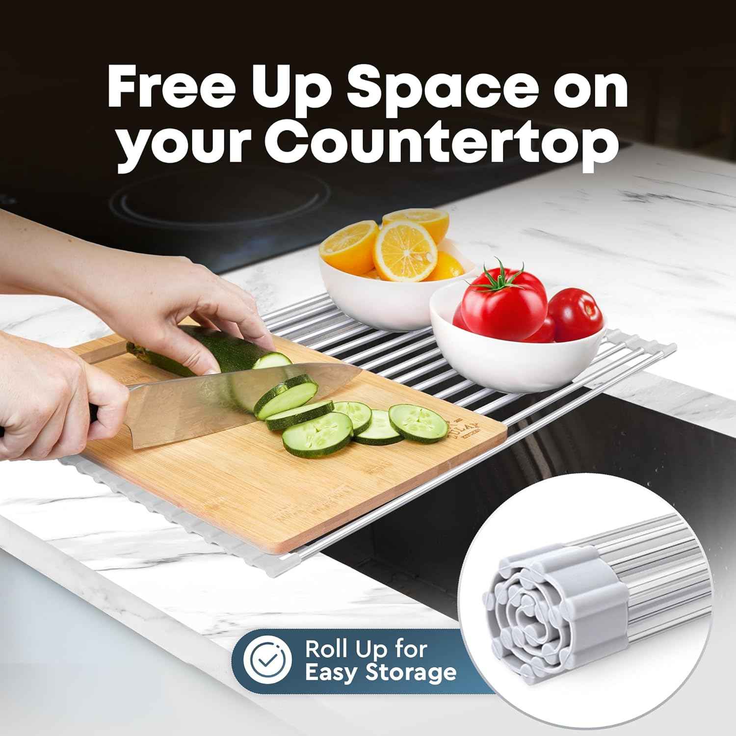 Zulay Kitchen Over The Sink Dish Drying Rack, Roll Up Heavy Duty Stainless Steel Design for Easy Storage & Durability | Dishwasher Safe 17.5” x 12.5