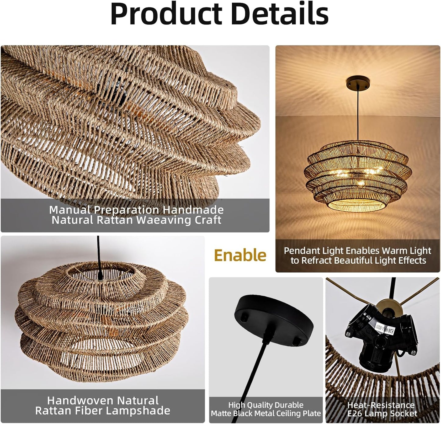 19.7" Rattan Pendant Light,3-Light Hand-Woven Rustic Wicker Hanging Light Seagrass Ceiling Chandelier,Water Plants Rattan Chandelier for Dining Living Bedroom Kitchen Farmhouse