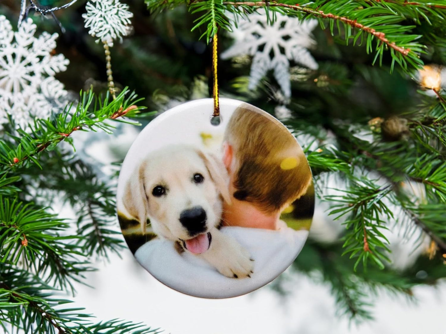 Personalized Christmas Ornament, Add Photo Text or Art Design and Make Your own Customized 3” Porcelain Ceramic Ornament, Gold String and Gift Bag Included (Round)