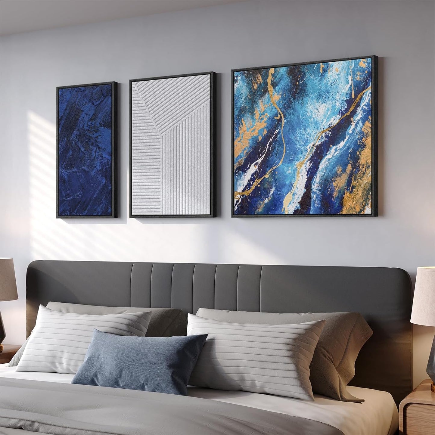 Framed Blue Abstract Wall Art Set, 3-Piece Blue White Gold Canvas Prints Paintings Artwork for Walls, Modern Abstract Pictures for Living Room, Dining Room, Bedroom, Home Office Wall Decor
