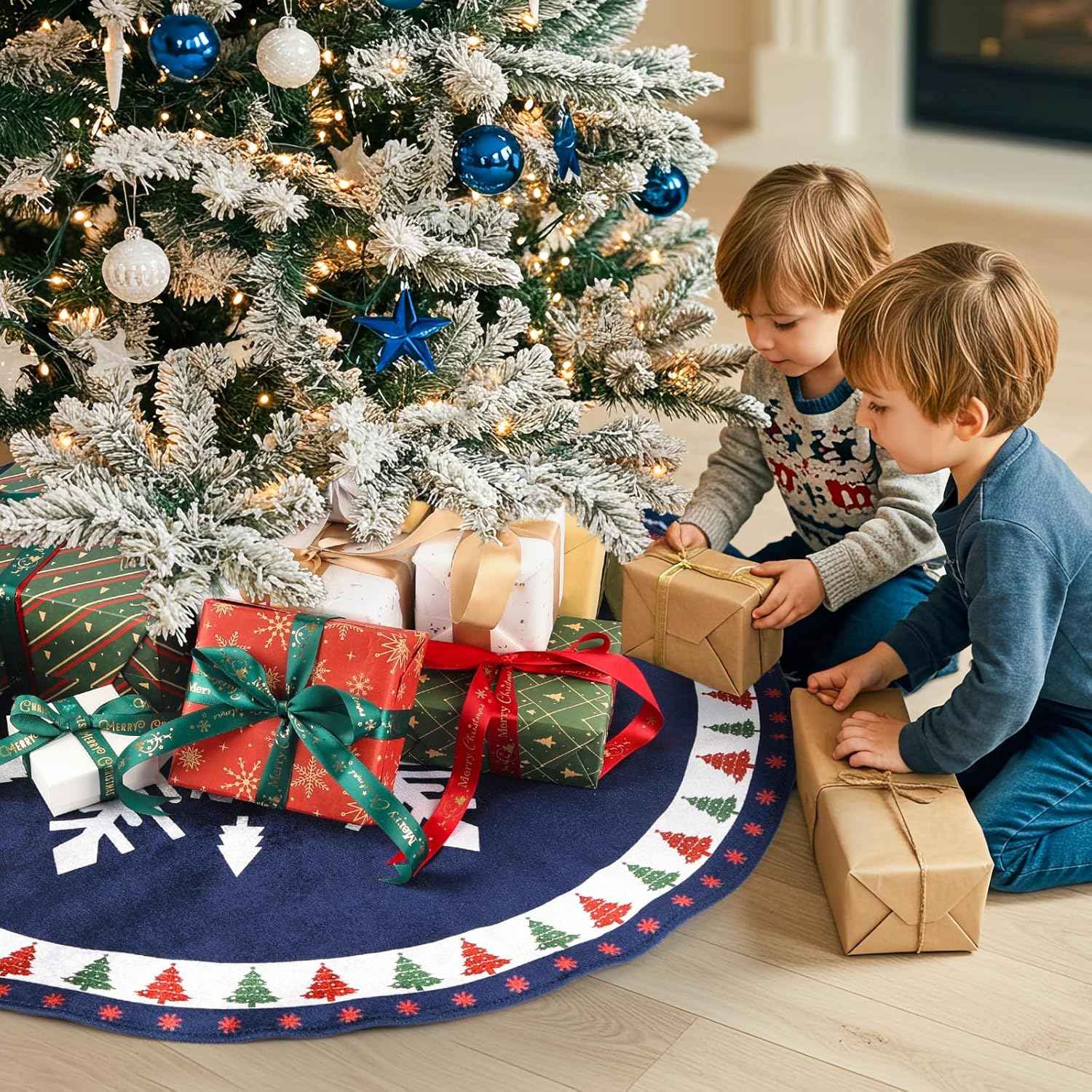 MACTING Christmas Tree Skirt, 30 Inch Round Blue Polyester Christmas Tree Skirts with Big Snowflake and Christmas Tree Printed for Holiday Party Rustic Xmas Tree Decoration