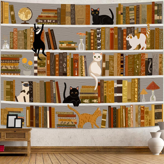 Accnicc Cat Bookshelf Tapestry Black White Cute Cats Book Shelf Tapestries Wall Hanging Art Vintage Retro Academics Library Book Tapestry for Bedroom Living Room Dorm 80 x 60 inch