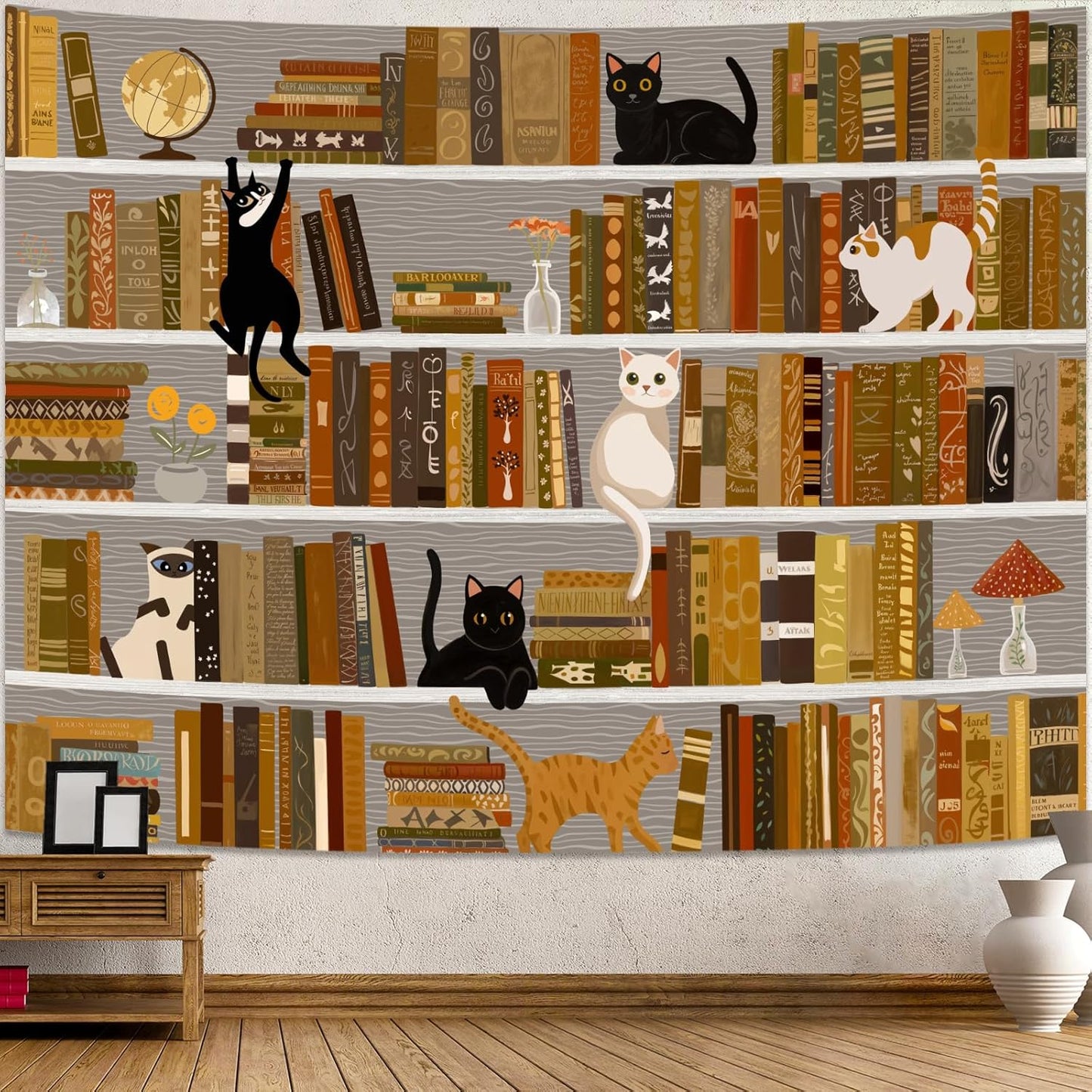 Accnicc Cat Bookshelf Tapestry Extra Large Black White Cute Cats Book Shelf Tapestries Wall Hanging Art Vintage Retro Academics Library Tapestry for Bedroom Living Room Dorm 90 x 68 inch