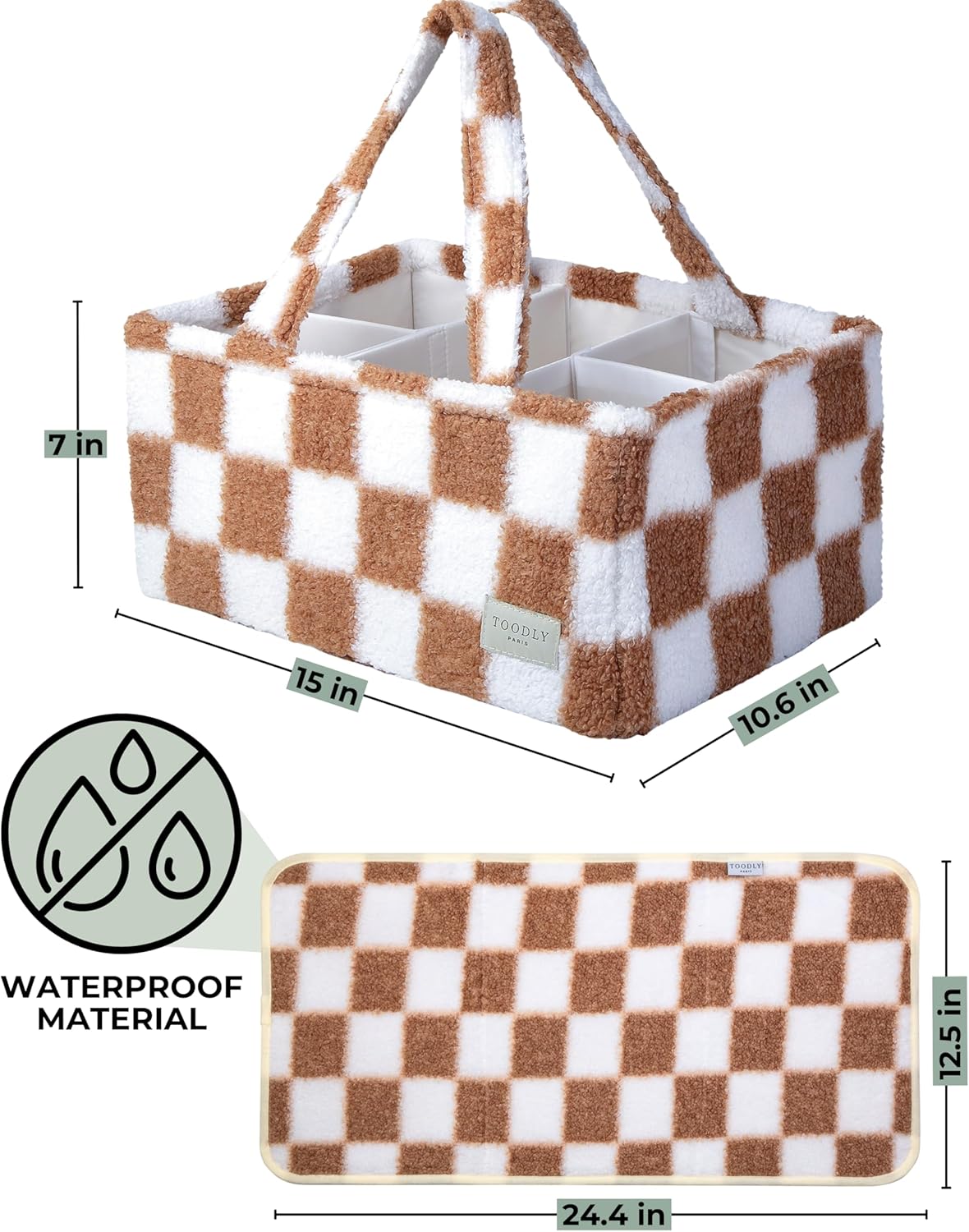 Checkered Diaper Caddy Organizer with Portable Changing Mat - Teddy Fleece Diaper Organizer for Changing Table - Caddy Organizer with Removable Dividers - Light Taupe and White