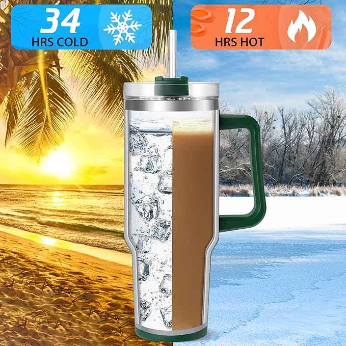 40 oz Tumbler with Handle | Stainless Steel Insulated Tumblers with Lids and Straw | Insulated Travel Mug Iced Coffee Cup | Keeps Cold for 34 Hours | Dishwasher Safe, BPA Free | Sage Green