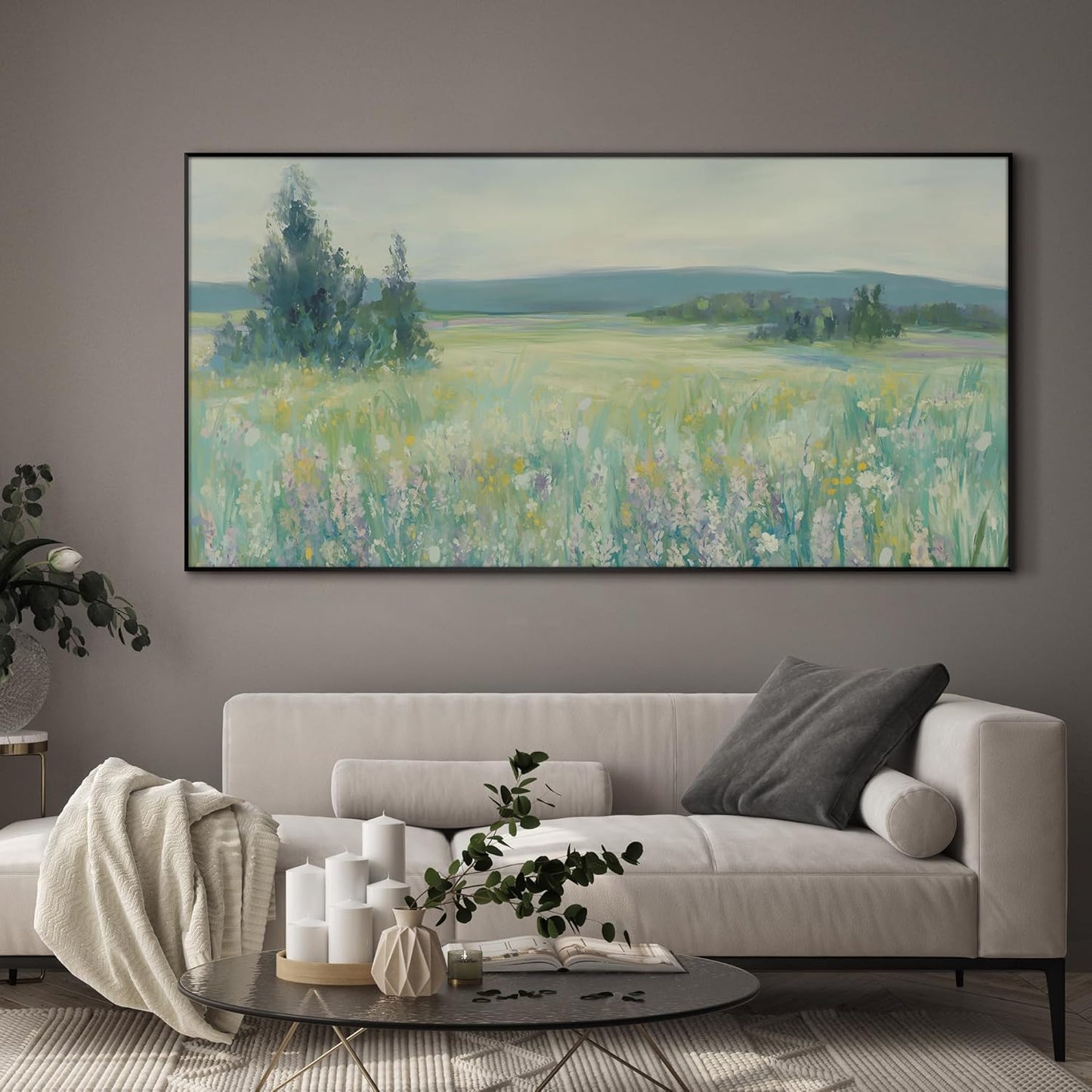 SIGNWIN 36"x72" Extra Large Framed Wall Art Wildflower Meadow Landscape Soft Pastel Nature Illustration for Home Living Room Bedroom Decor (Frame Assembly Required)
