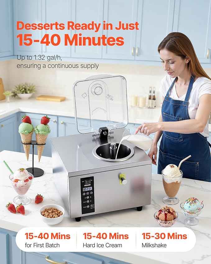 VEVOR Commercial Hard Ice Cream Machine, 500W 1.32 Gal/Hour, Gelato Hard Serve Ice Cream Maker with 2.8L 304 Stainless Steel Cylinder, Auto Clean LED Panel High Productivity for Snack Bar Restaurants
