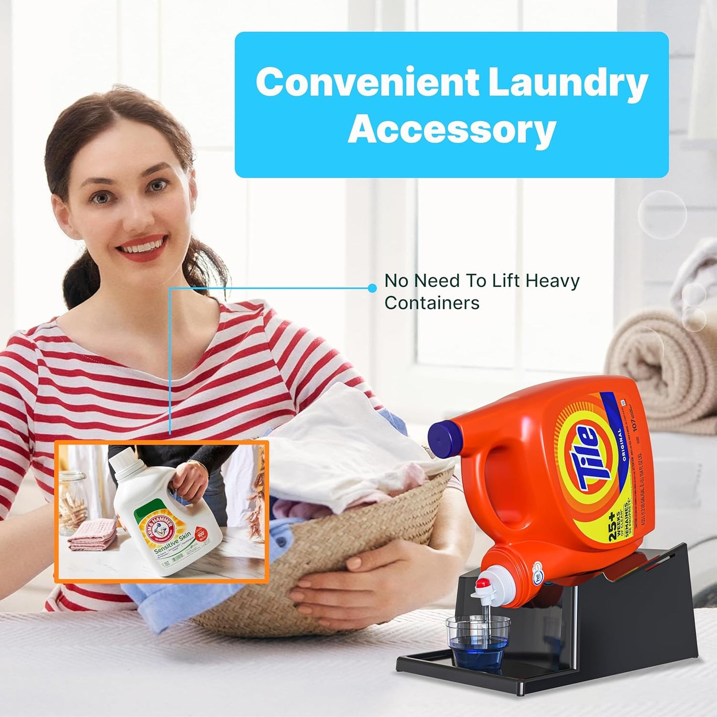 TidyFriend No-Spill Liquid Laundry Detergent Dispenser Holder, Laundry Soap Dispenser Holder with Drip Tray for Laundry Room Organization (No Strap, Black)