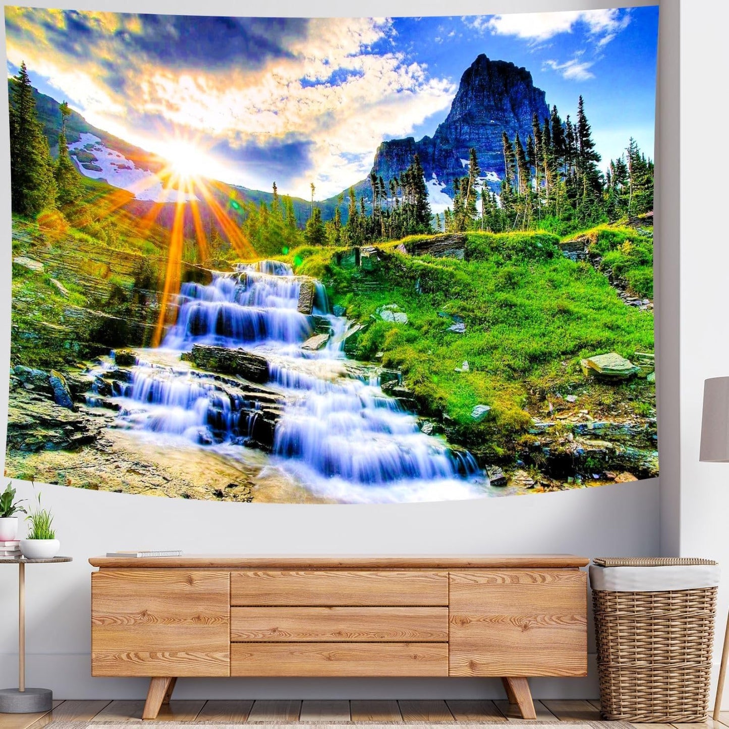 Delur Mountain Waterfall Tapestry Sunset Forest Tree Nature Landscape Tapestry Wall Hanging Tropical Sunrise Rainforest Psychedelic Scenic Headboard for Bedroom Living Room Home Decor (70.8" x 92.5")