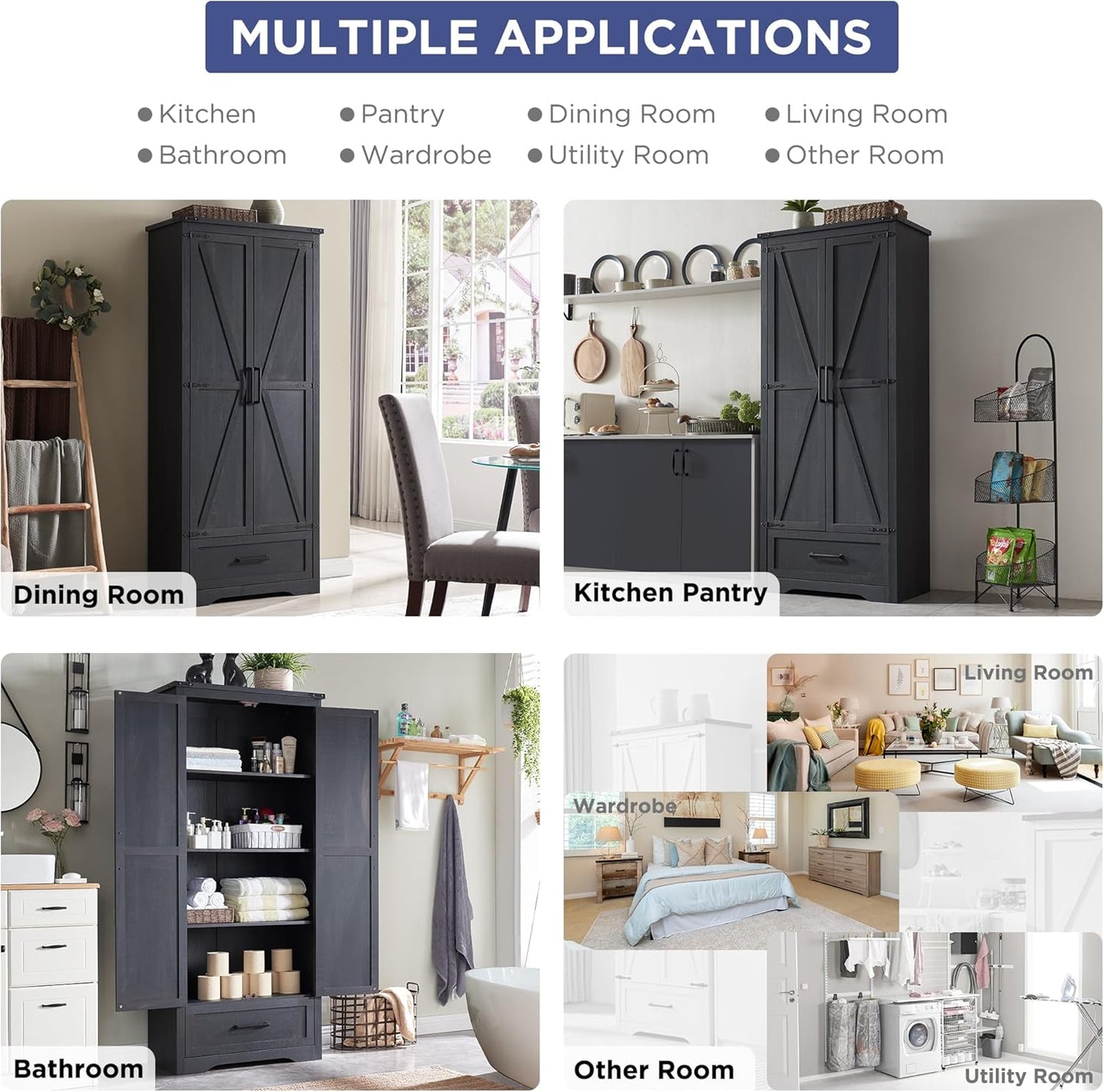 Farmhouse Kitchen Pantry Cabinet - 72" Tall Large Wood Kitchen Storage Cabinets with Adjustable Shelves & 2 Barn Doors & Drawer, Versatile Storage for Dining Room, Bathroom, Living Room, Antique Black