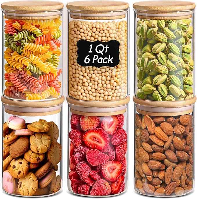 ComSaf 1 Qt Glass Storage Containers with Lids, Glass Jars with Lids, Clear Food Storage Jar, Round Canister Set of 6, Pantry Organizers for Cookie Pasta Flour Rice Tea Coffee Bean
