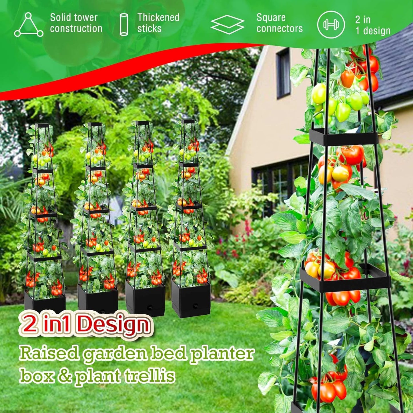 Raised Garden Bed Planter Boxes & Trellis, vanpein Tomato Cage & Planter Pot Outdoor 59" Plant Support with Self Watering for Climbing Vegetable Flowers Vines Plants, Gray