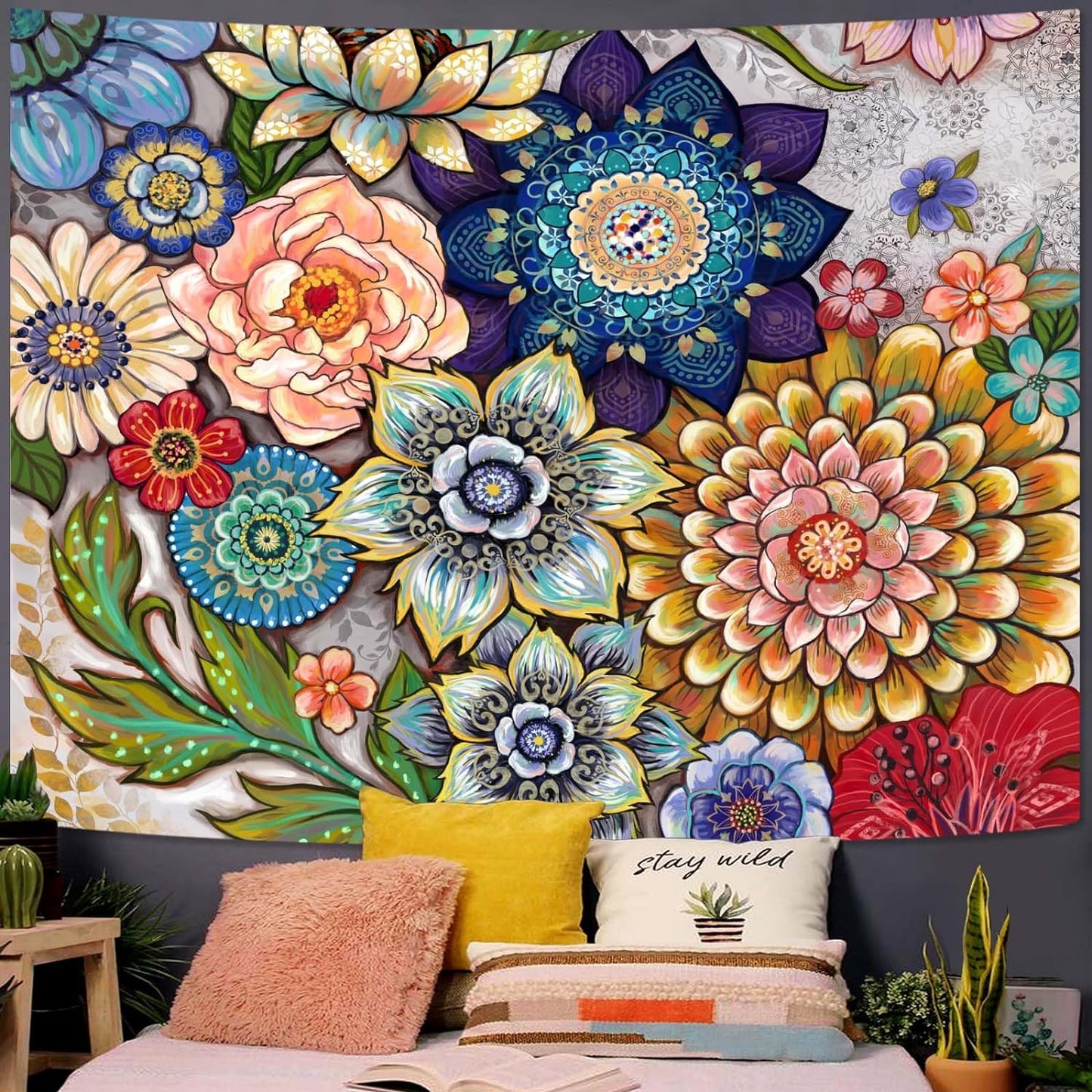 Neasow Colorful Floral Tapestry Wall hanging, Bright Boho Fabric Blossom Tapestries, Multi Color Tapestry for Bedroom Home Hippie Wall Decor 50×60 inch