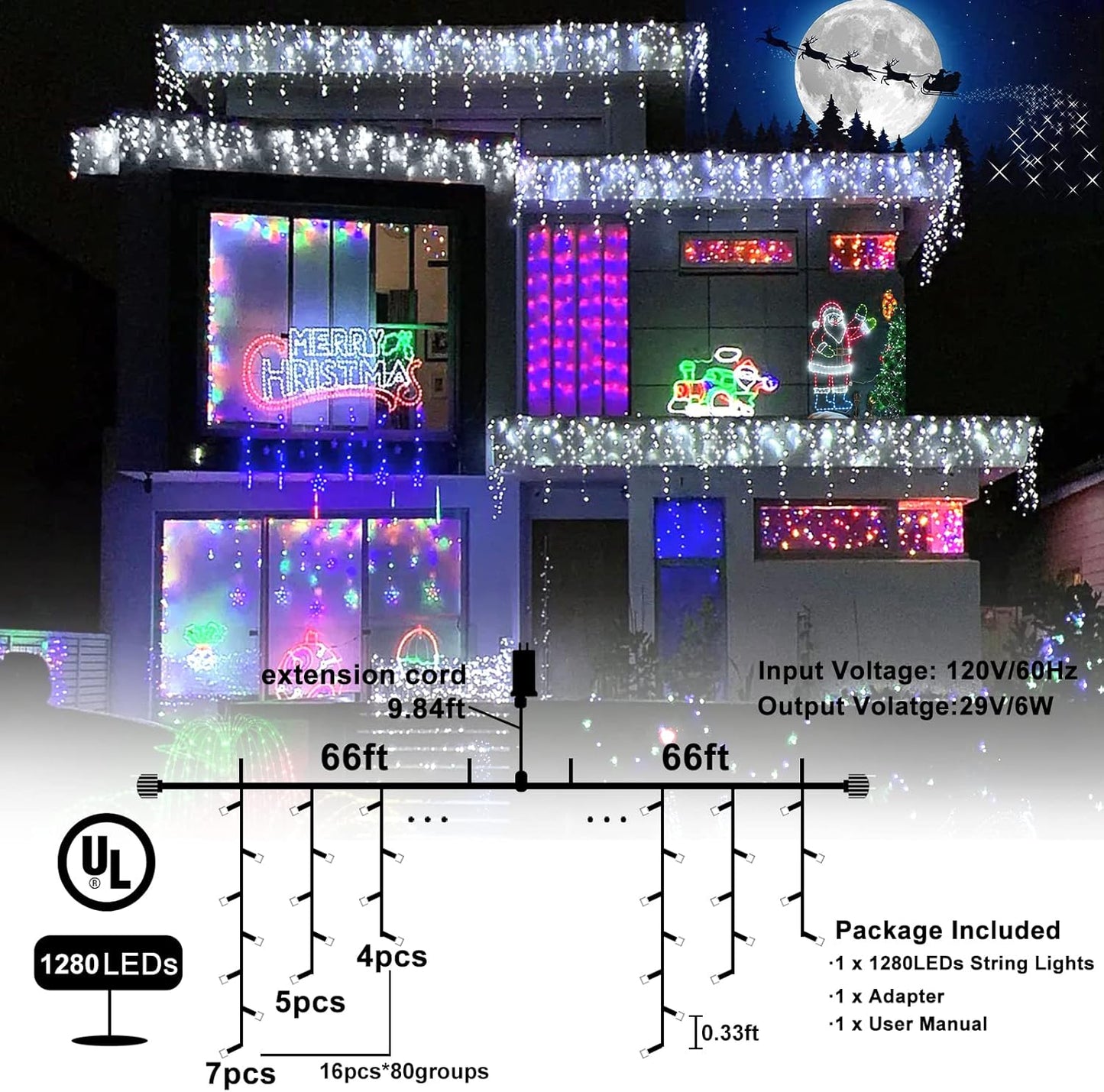 132ft Icicle Lights for Outside, 1280 LED White Christmas Lights Outdoor with 240 Twinkle Drops, 8 Modes Plug in Waterproof Timer Memory for Tree Wedding Party House Patio Eave Yard Holiday Decoration