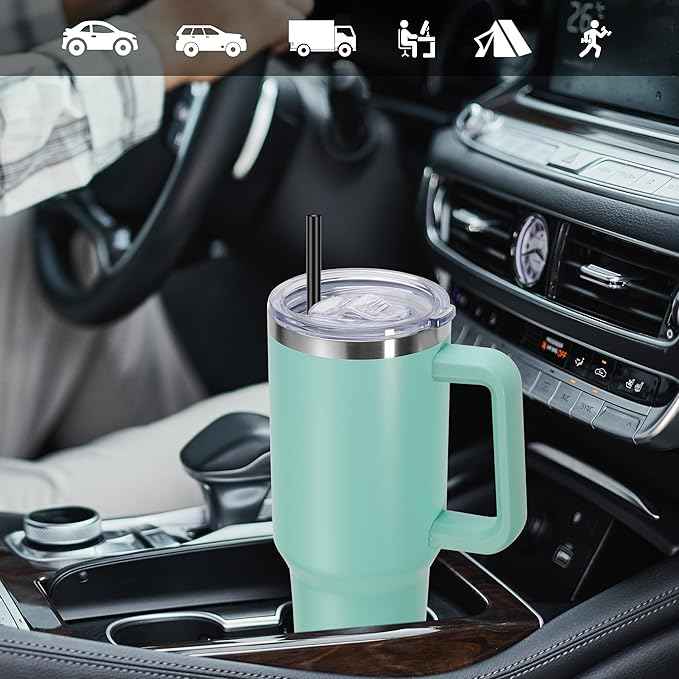 DOMICARE 40 oz Tumbler with Handle and Straw, Stainless Steel Tumbler with Lid and Straw, Reusable Vacuum Insulated Cup, Travel Coffee Mug, Mint Green, 4Pack