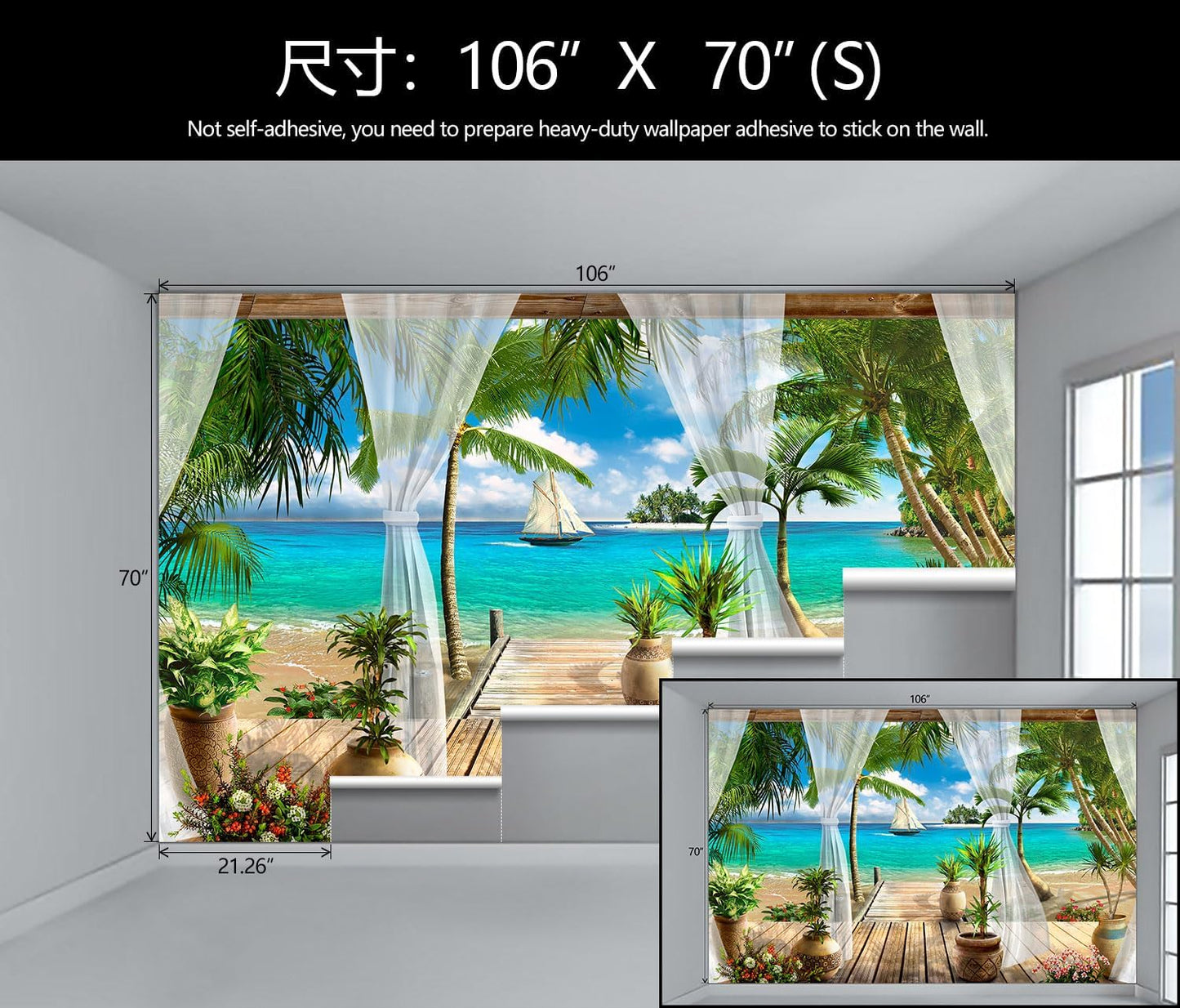 WFBHUA-Wall Mural Tropical Beach Palm Tree Wallpaper Balcony Window Seascape Landscape Wallpaper for Bathroom Living Room Bedroom (Not Peel and Stick)