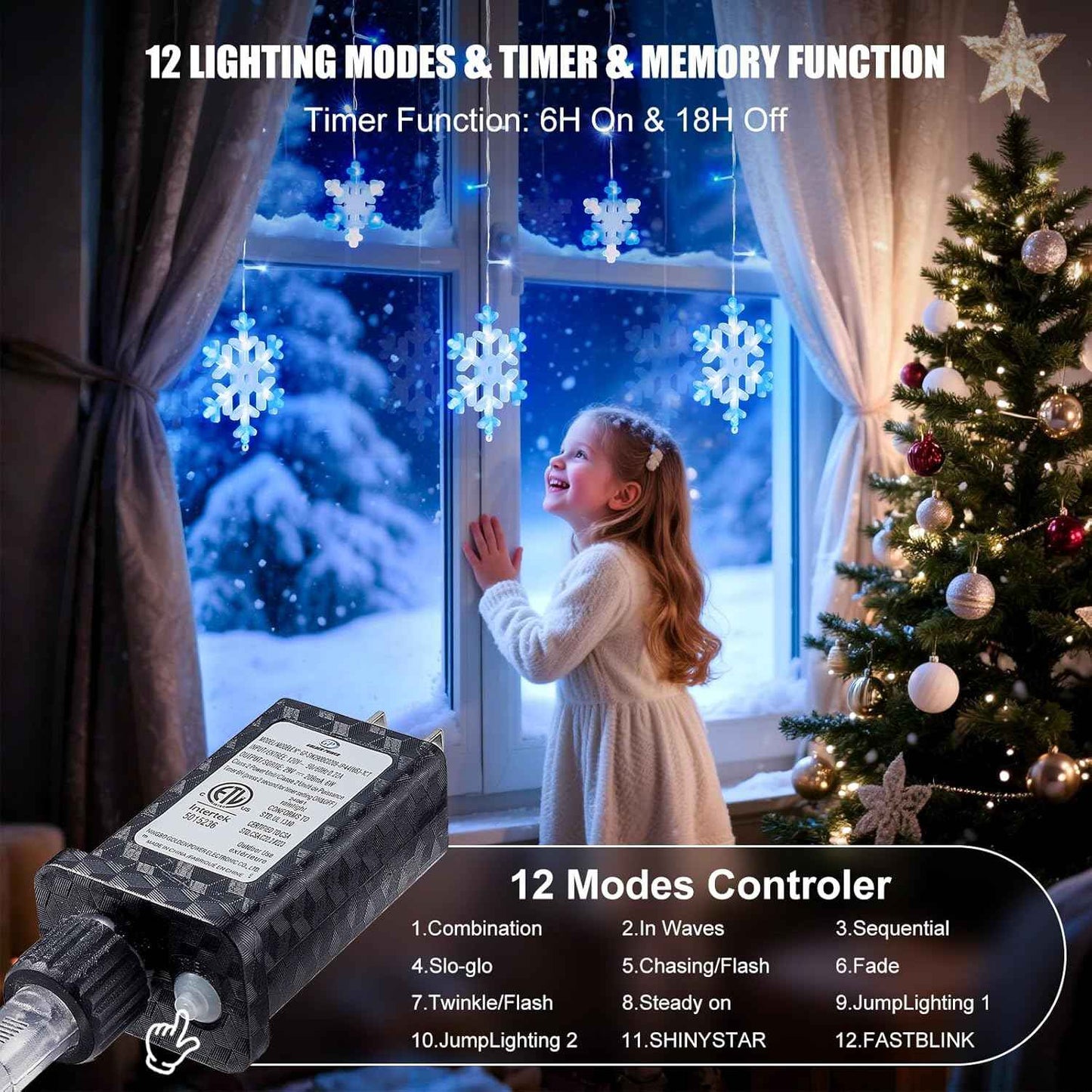 13 Ft 192 LED Snowflake Christmas Icicle Lights with 16 Drops, 8 Modes and Timer, IP65 Waterproof Connectable for Indoor Outdoor House Window, Blue and White