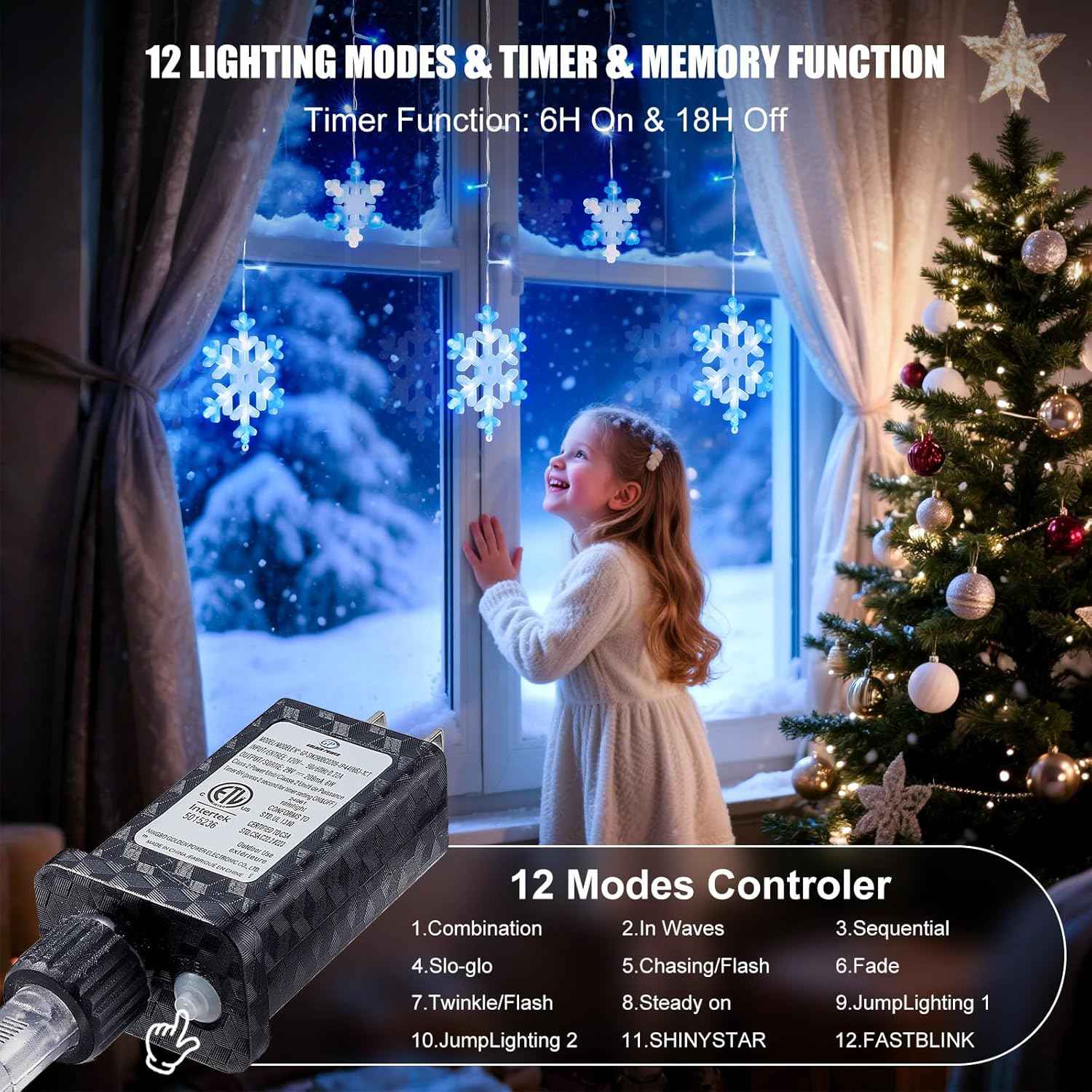13 Ft 192 LED Snowflake Christmas Icicle Lights with 16 Drops, 8 Modes and Timer, IP65 Waterproof Connectable for Indoor Outdoor House Window, Blue and White