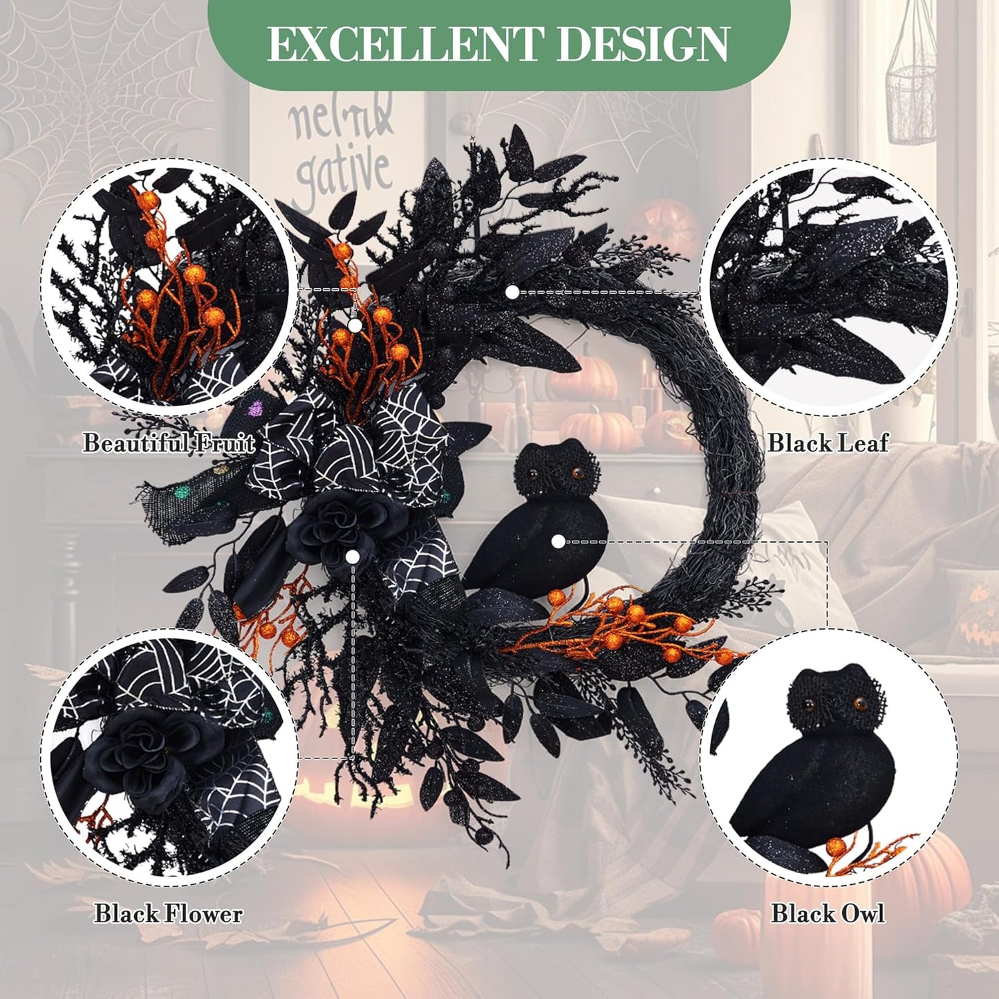 20 Inch Halloween Owl Wreath for Front Door - Gothic Garland with Natural Vines & Black Roses, Outdoor Indoor Decor for Porch, Wall, Window, Party Home Decor