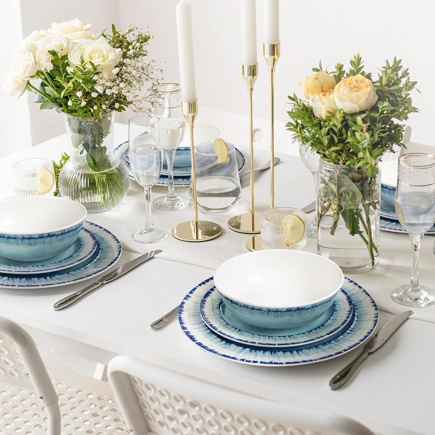 AELS Melamine Dinnerware Set of 12 Pcs Dinner Dishes Set for Indoor and Outdoor Use, Dishwasher Safe, Lightweight Unbreakable, BPA Free, Light Blue