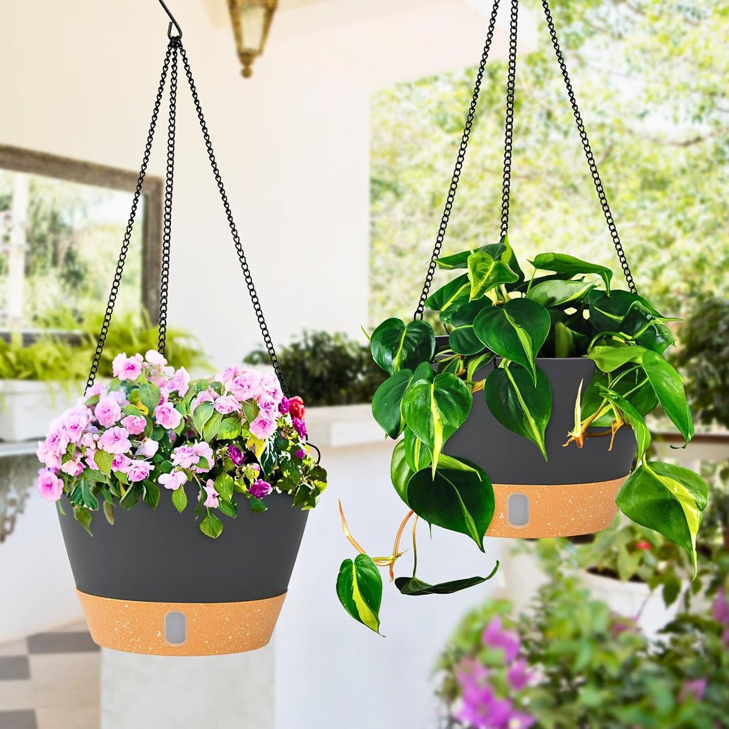 QCQHDU 2 Pack Hanging Planters for Indoor Outdoor Plants, 10 Inch Hanging Baskets Flower Pots with Reservoir Tray & Visible Water-Level