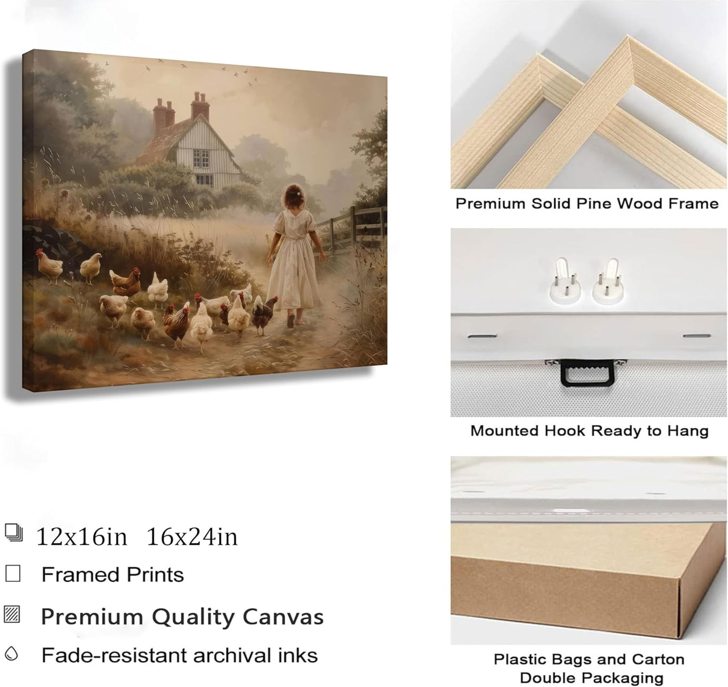 Girl Farmhouse Wall Art Chicken Farm Canvas Rustic Country Poster Brown Chickens Picture Vintage Countryside Female Print Artwork Painting Farm House Wall Decor For Bedroom Living Room Framed