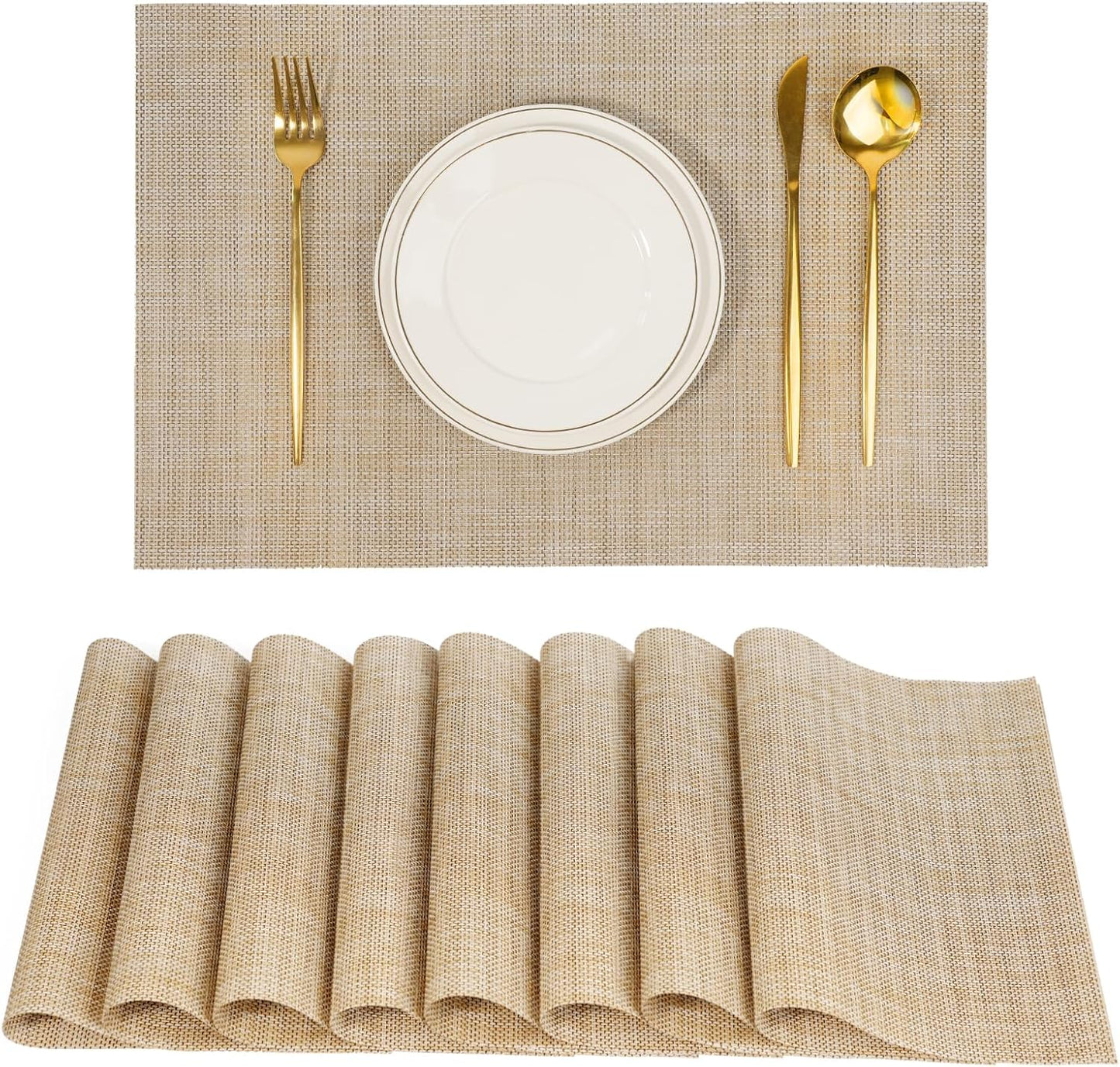 Placemats Set of 8，Non-Slip PVC Weave Table Mats Easy to Clean，Heat Resistant Place Mats for Kitchen Dining Table Decoration Indoor Outdoor，Beige