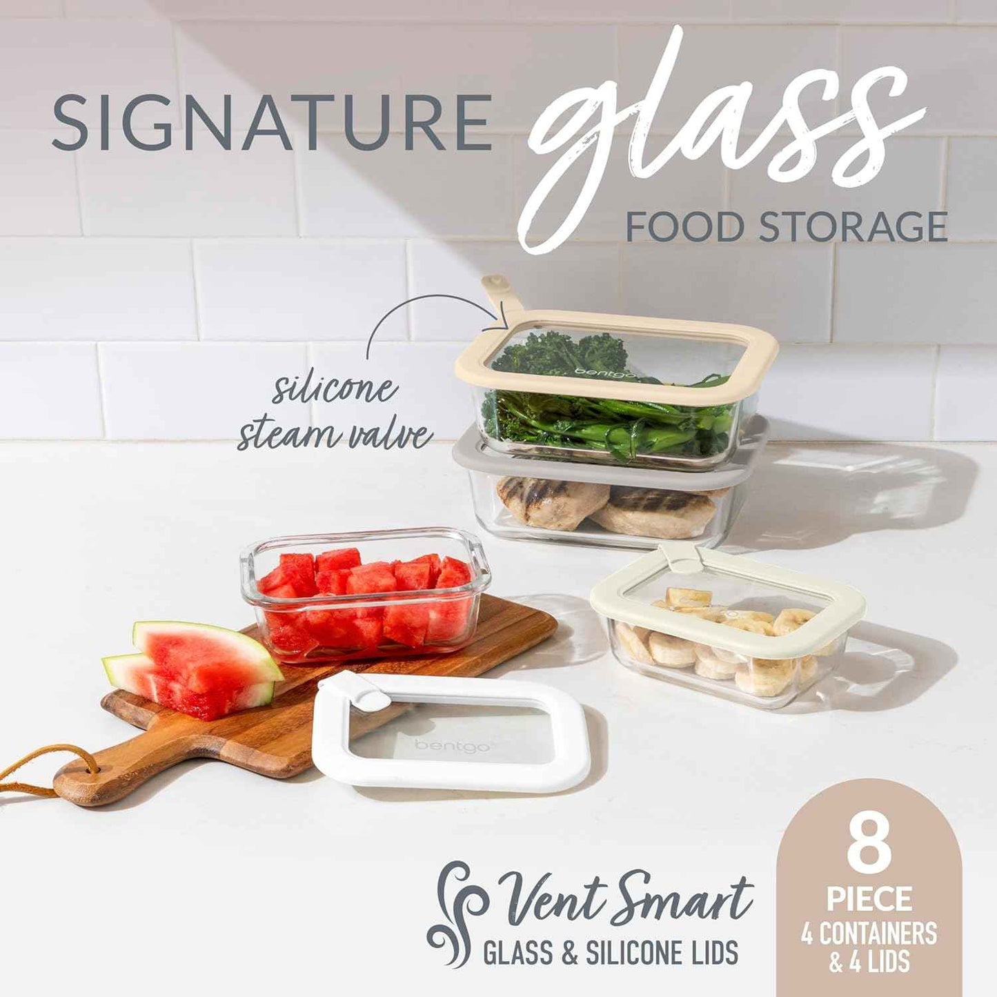 Bentgo Signature Leak-Proof Glass Food Storage - 8-Piece Set, 1-Compartment Plastic-Free Containers with Airtight Glass Lids, BPA-Free, Microwave, Freezer, Oven & Dishwasher Safe (White Stone)