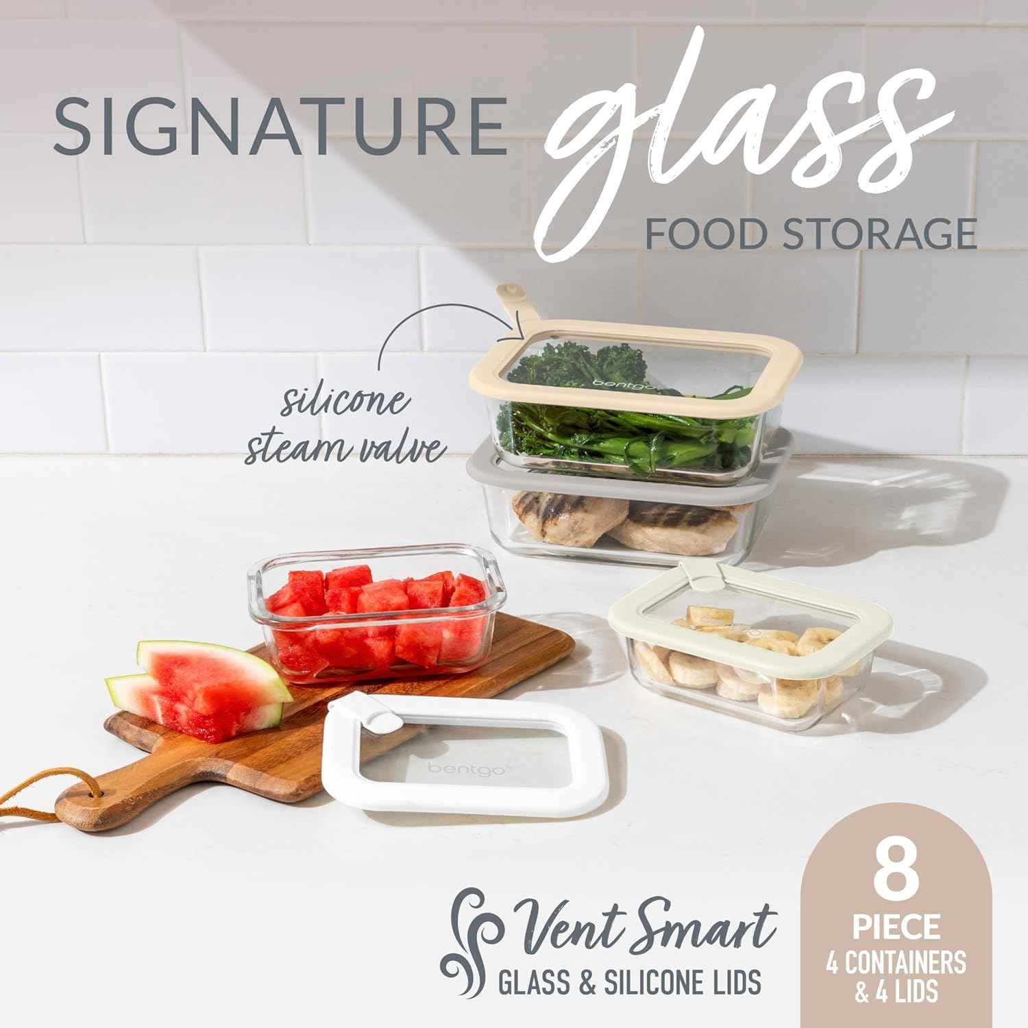 Bentgo Signature Leak-Proof Glass Food Storage - 8-Piece Set, 1-Compartment Plastic-Free Containers with Airtight Glass Lids, BPA-Free, Microwave, Freezer, Oven & Dishwasher Safe (White Stone)