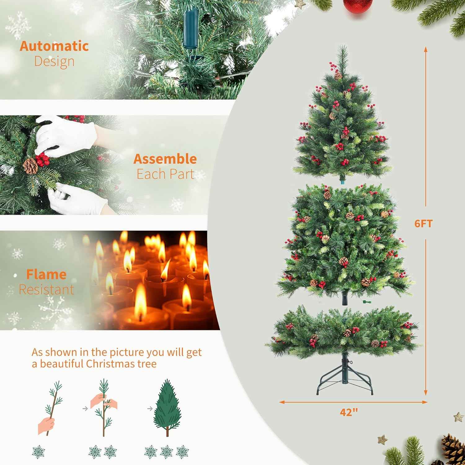 6 Ft Pre-lit Artificial Christmas Tree,Spruce Prelit Christmas Trees for Home,Office,Party Thickened PE&PVC Branch Tips & UL Listed Lights Incandescent Warm White,Fire-Resistant Automatic Branches