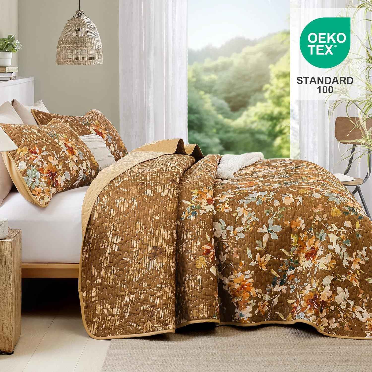 Dobuyly Brown Quilt Set Queen Size, Floral Bedspreads Coverlet Set, 3 Pieces Soft Lightweight Microfiber Farmhouse Botanical Quilt Bedding Set for All Seasons 96"x90"