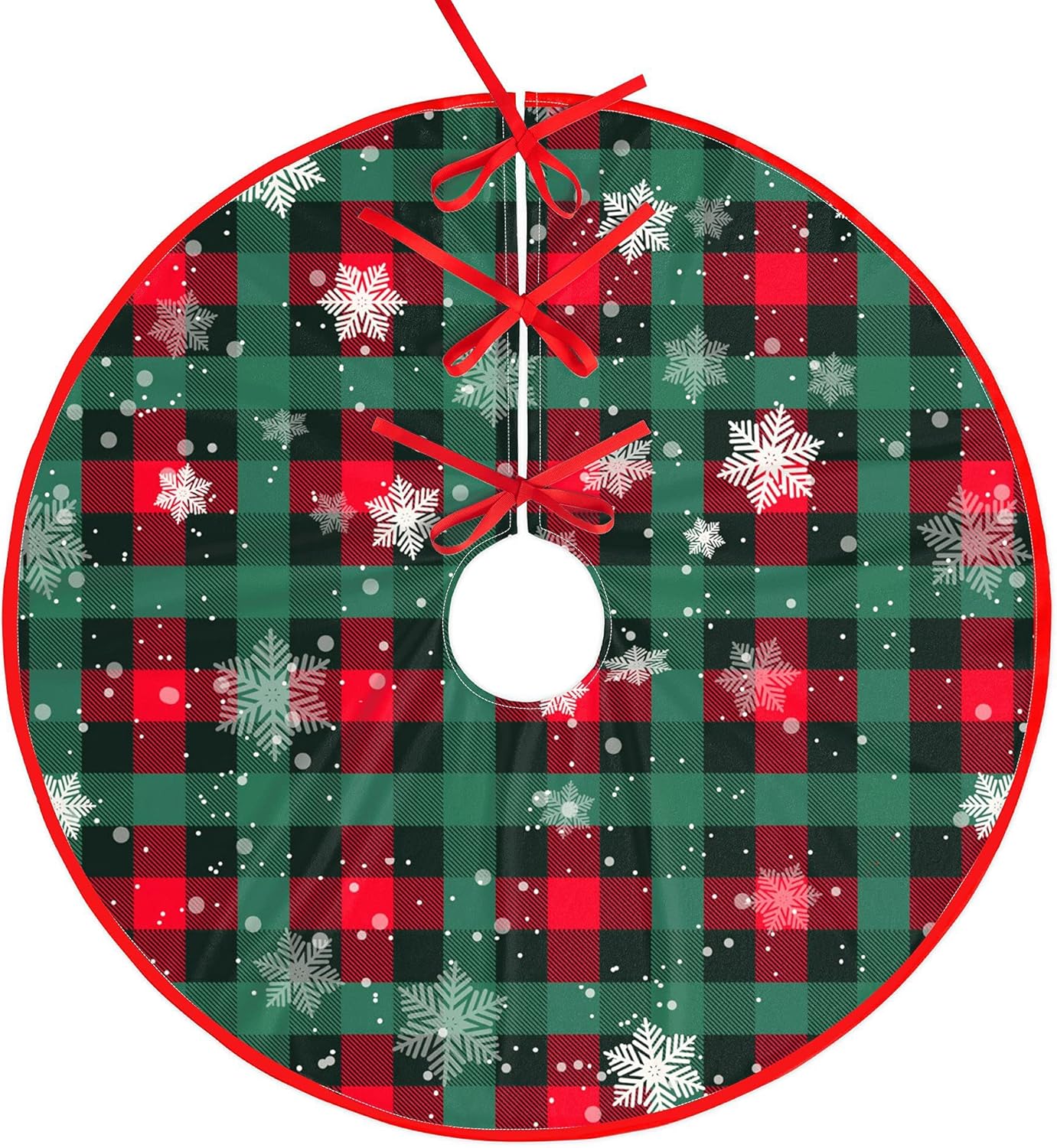 Christmas Tree Skirt Buffalo Plaid Tree Skirt Snowflake Thick Xmas Tree Skirt for Holiday Party Christmas Tree Decorations Indoor Outdoor Red and Green 48 Inch