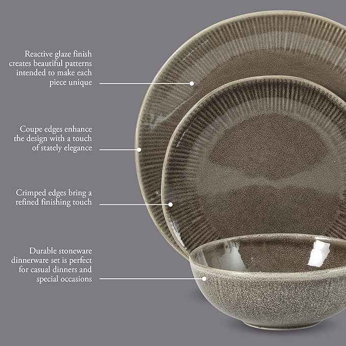 Gibson Elite Sandy Pines Stoneware Plates and Bowls Set - 12 Piece Reactive Glaze Dinnerware Set - Service for 4 - Dishwasher and Microwave Safe - Brown