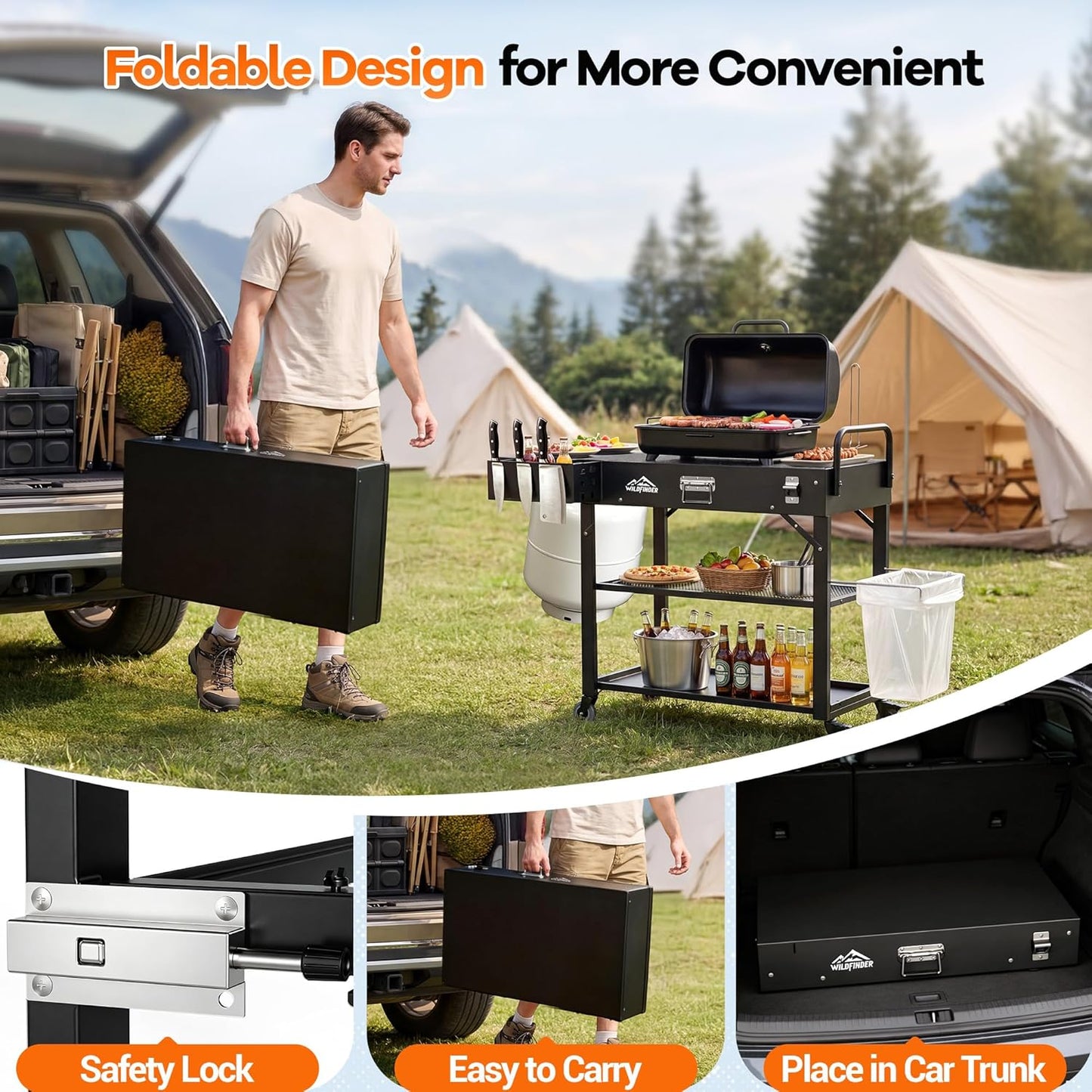 Grill Cart for Blackstone Griddle, Foldable Outdoor Grill Table with Wheels for Ninja, Pizza Oven Stand Grill Stand Fit 17 or 22 Inch Tabletop Griddle, Portable BBQ Prep Station with Tool Hooks