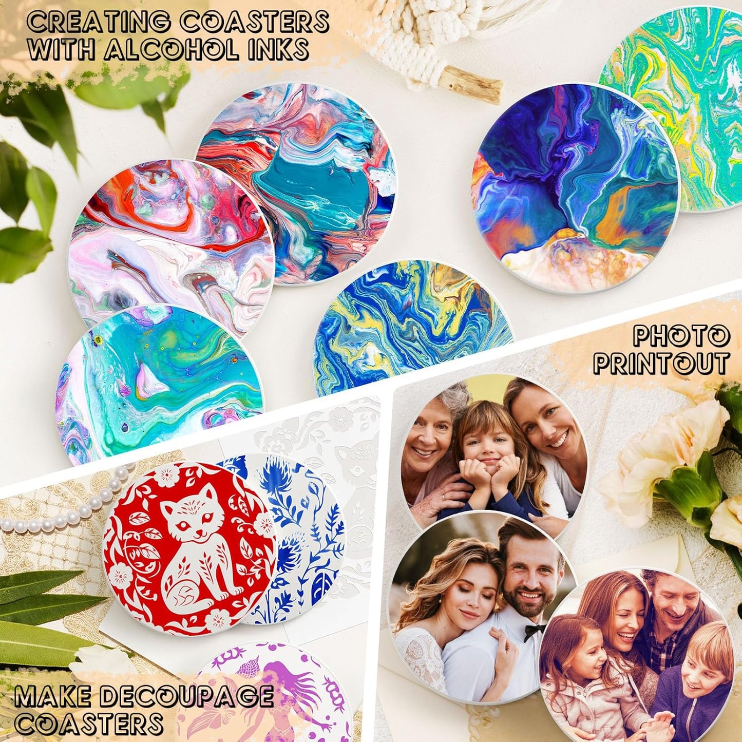 Ceramic Tiles for Crafts, GOH DODD 24 Pack Unglazed Blank Coasters with Cork Backing for Alcohol Ink Painting Acrylic Pouring Art Projects Housewarming Gifts Wedding School Education, Round, 4 Inch