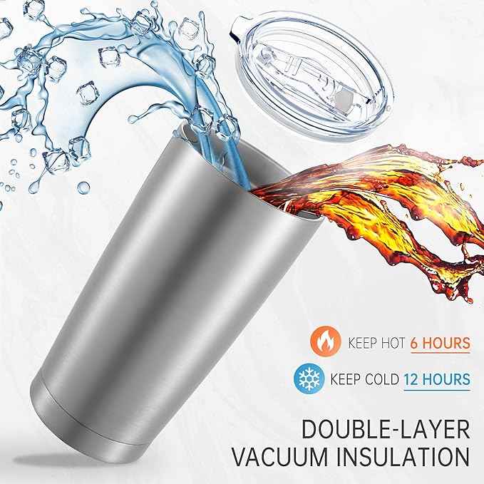 20 oz Tumblers Bulk Stainless Steel Tumbler with Lid Double Wall Vacuum Insulated Coffee Mug 20oz Powder Coated Cup for Hot and Cold Drinks, Stainless, 6 pack