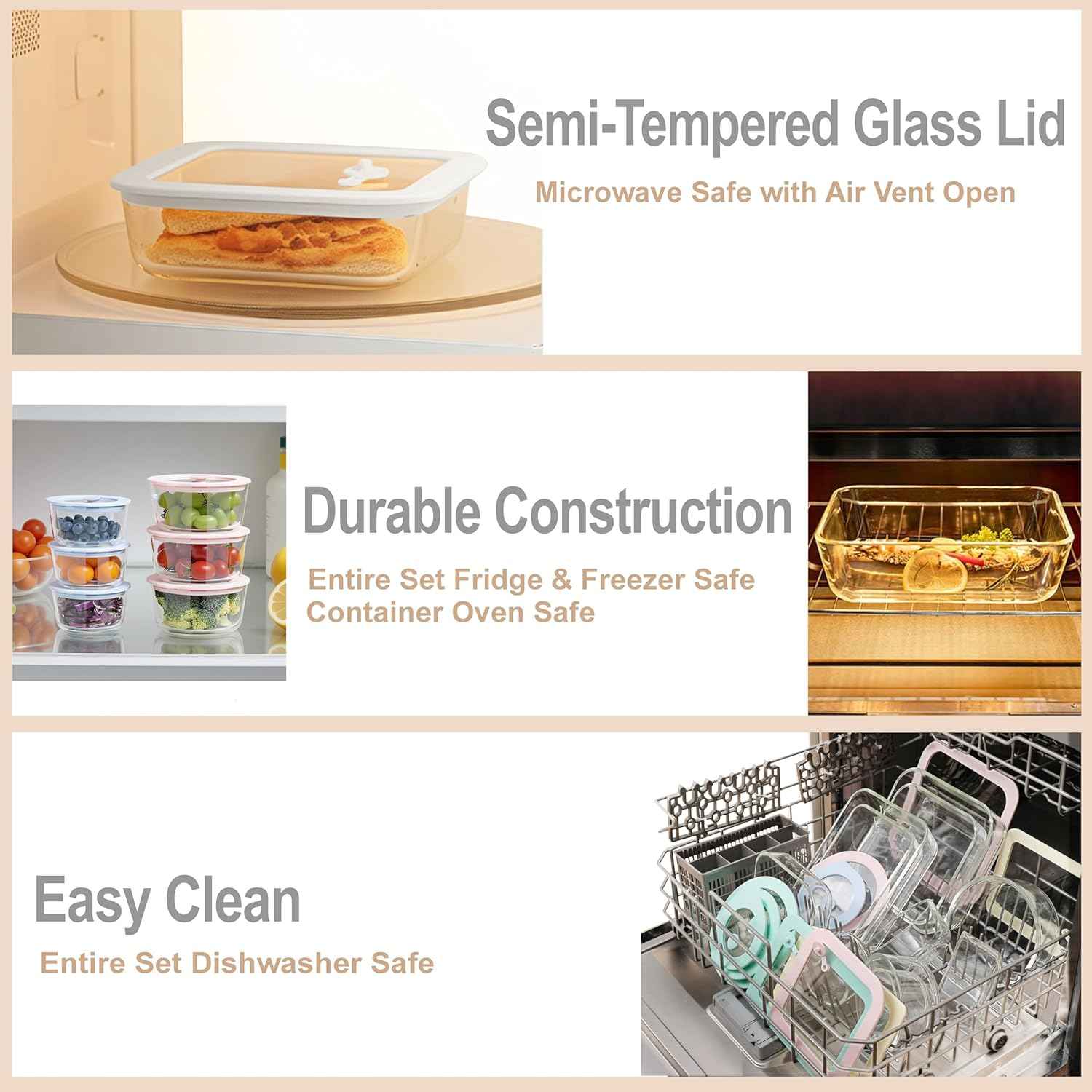 Urban Green Glass Food Container Set with Glass Lid, 4 Pack, Food Storage Containers with Airtight Lid, LeakProof, 100% Plastic Free, Meal Prep Container Set