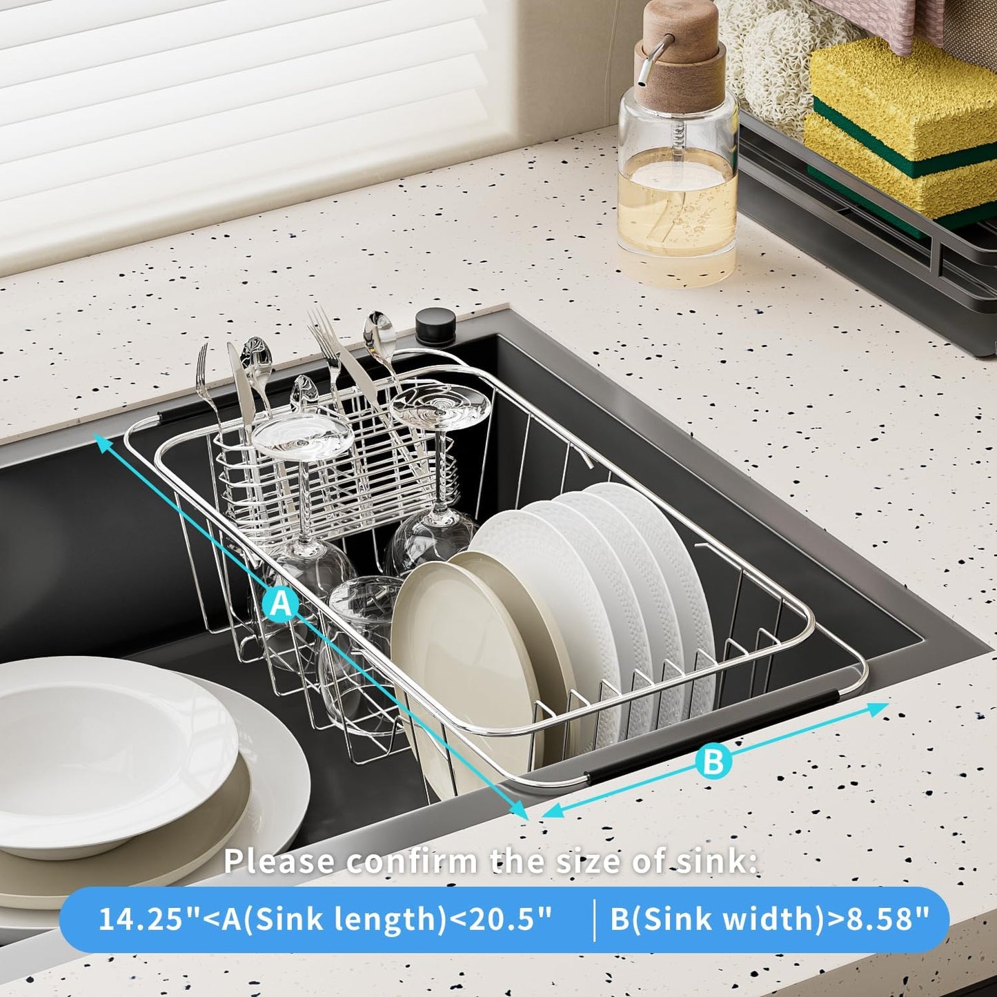 JAQ Over Sink Dish Drying Rack for Small Sink, Compact Expandable 14.25"–22.44", Adjustable 304 Stainless Steel Dish Drainer with Utensil Holder, Space Saving for Small Kitchen