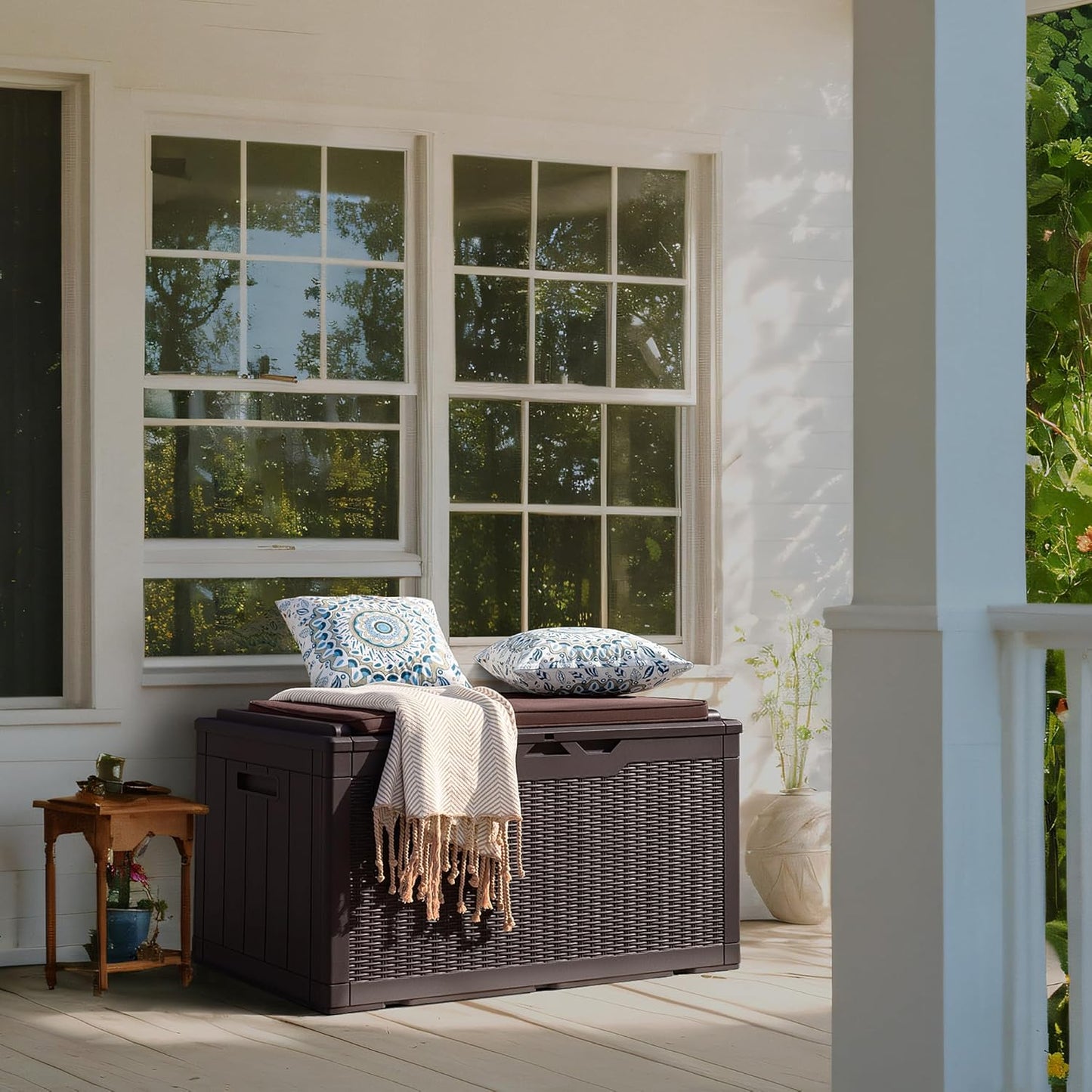 Flamaker Deck Box with Cushion 100 Gallon Waterproof Resin Storage Box with Air Rod Indoor Outdoor Lockable Storage Bench for Patio Furniture, Tools, Pool Accessories (Deep Brown)