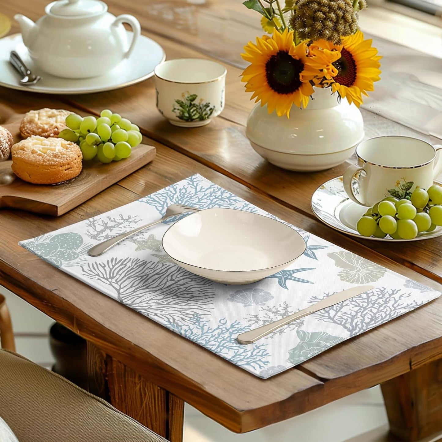 Summer Linen Placemats Set of 4 Nautical Coastal Theme Washable Non-Slip Heat Resistant Table Place Mat 12×18 Inch Ocean Beach Blue Grey Coral Starfish Place Mats for Kitchen Dining Table