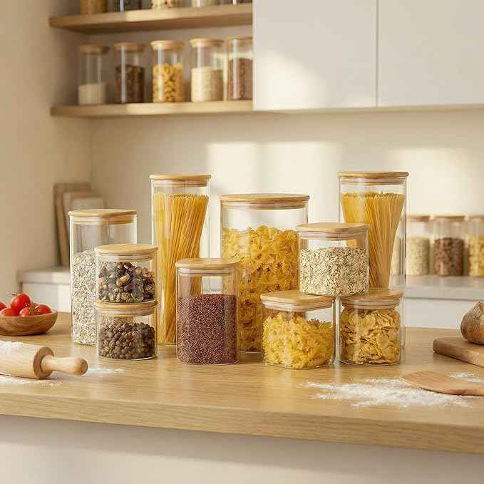 42oz - 4 Pack Square Glass Jars with Bamboo Lids, Glass Food Storage Containers with Airtight Lids for Kitchen, Air Tight Pantry Storage Containers for Cereal, Pasta, Rice, Sugar, Coffee, Spice