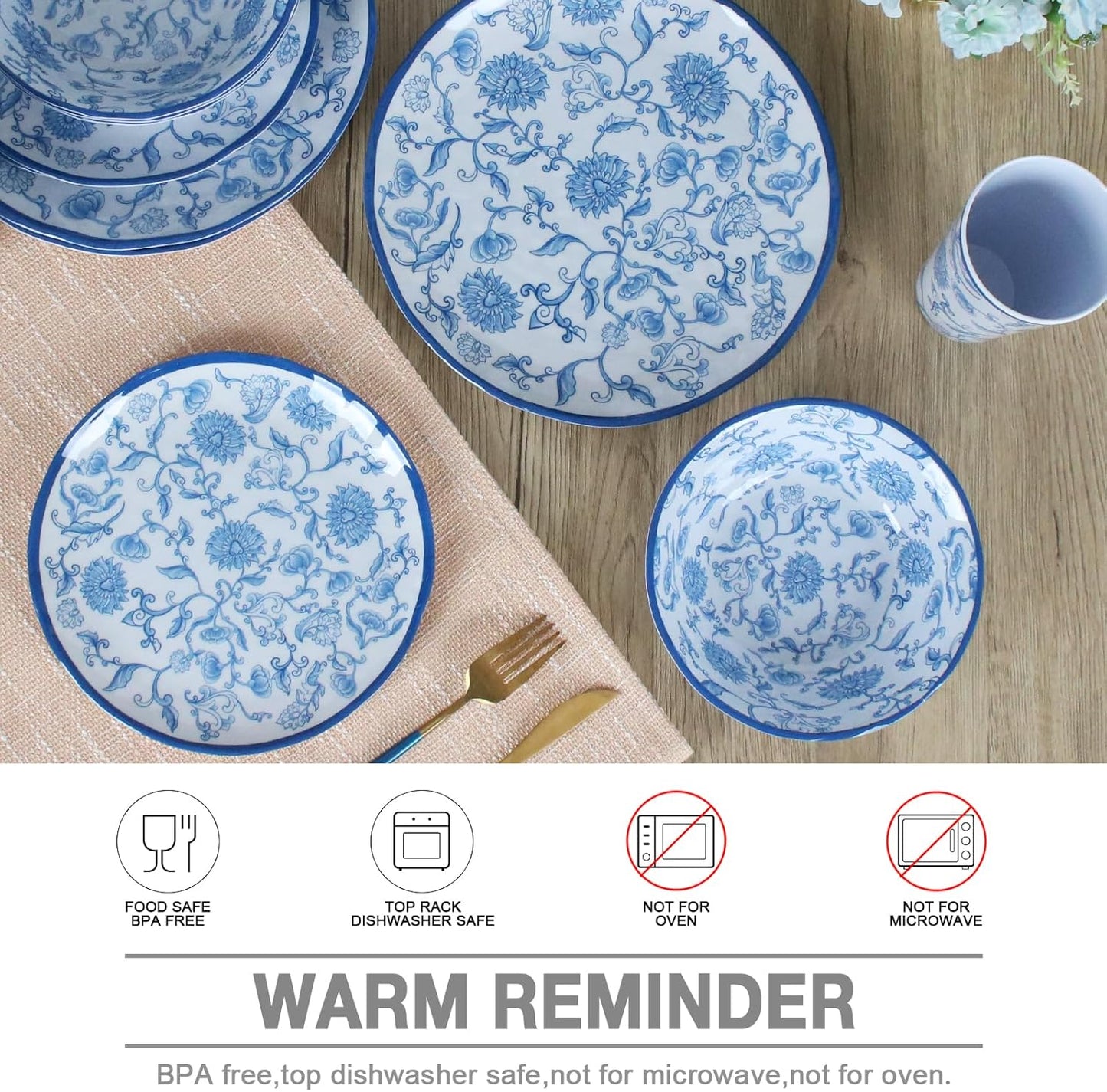 Melamine Dinnerware Set for 4-16 Pcs:Camping Dishes Set with Dinner Plates,Salad Plates,Cups and Bowls.Lightweight and Unbreakable.Indoor and Outdoor Use.