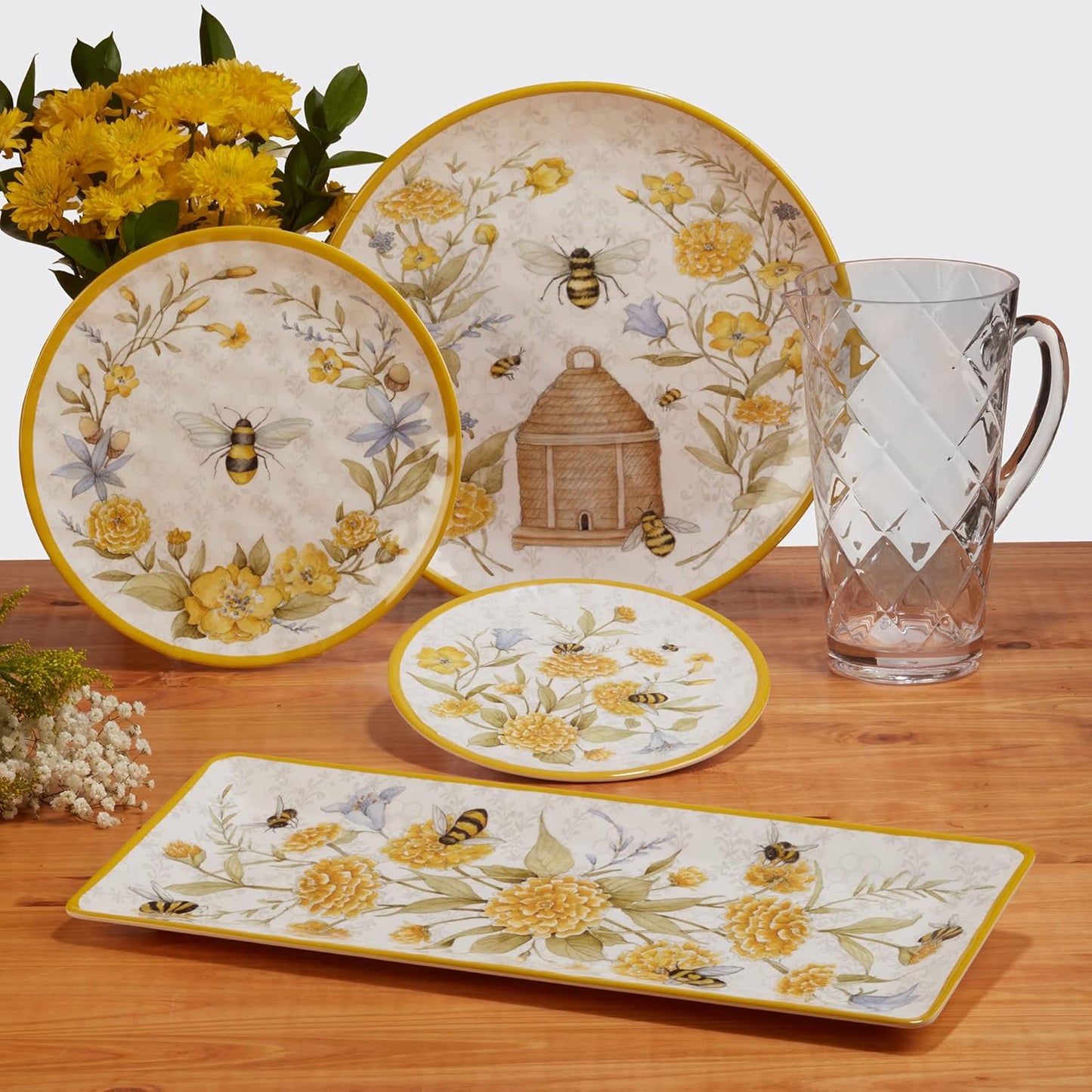 Certified International Bee Sweet 12-Piece Melamine Dinnerware Set, Service for 4, Bee & Floral Plates and Bowls, Durable Shatterproof Outdoor Tableware for Spring & Summer Entertaining