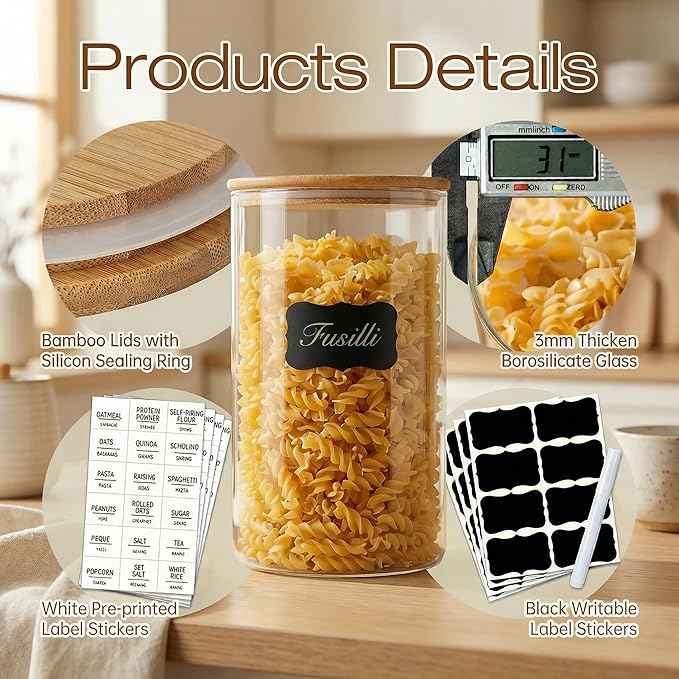 32oz - 4 Pack Glass Jars with Bamboo Lids, Glass Pantry Storage Containers with Airtight Lids, Round Air Tigh Food Storage Canisters for Cereal, Pasta, Flour, Sugar, Rice, Best for Kitchen Organizer