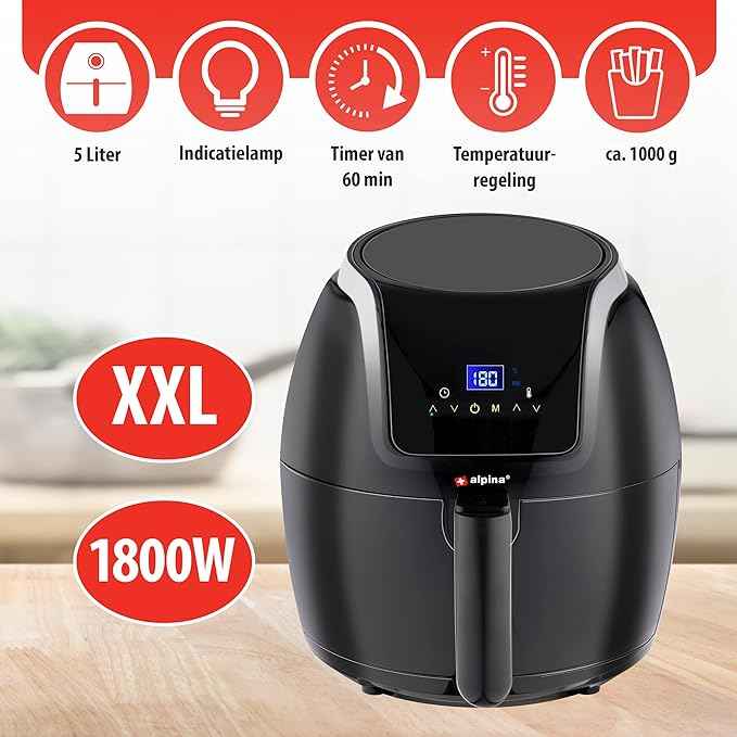 alpina Air Fryer Oil Free Deep Fryer 5 Litre Electric Deep Fryer with Non-Stick Coating Digital Touch Screen 7-8 People