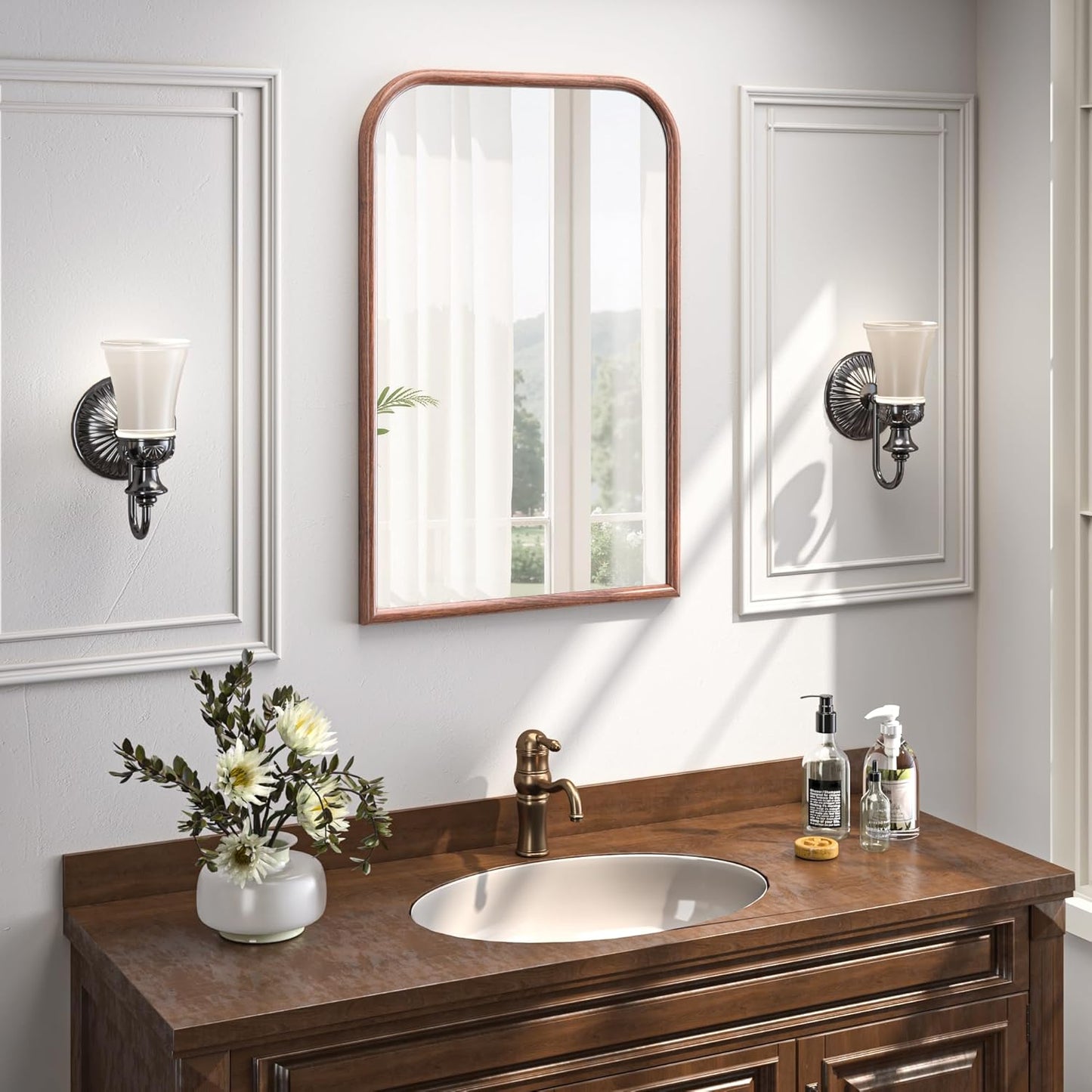 24"x36" Arch Wall Mirror for Wall, Wall Mounted Vanity Mirror for Bedroom, Wood Grain Finish Frame Mirror with Tempered Glass, Vintage Decorative for Bathroom, Entryway, Living Room, Walnut