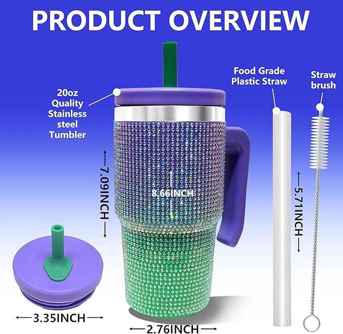 20-OZ Insulated Water Bottle,Insulated Stainless Steel Tumbler,Reusable Cold Drink Thermos,BPA-Free, Double-Wall Stainless Steel Water Bottle (Purple Green Gradient-Diamond, 20, Fluid Ounces)